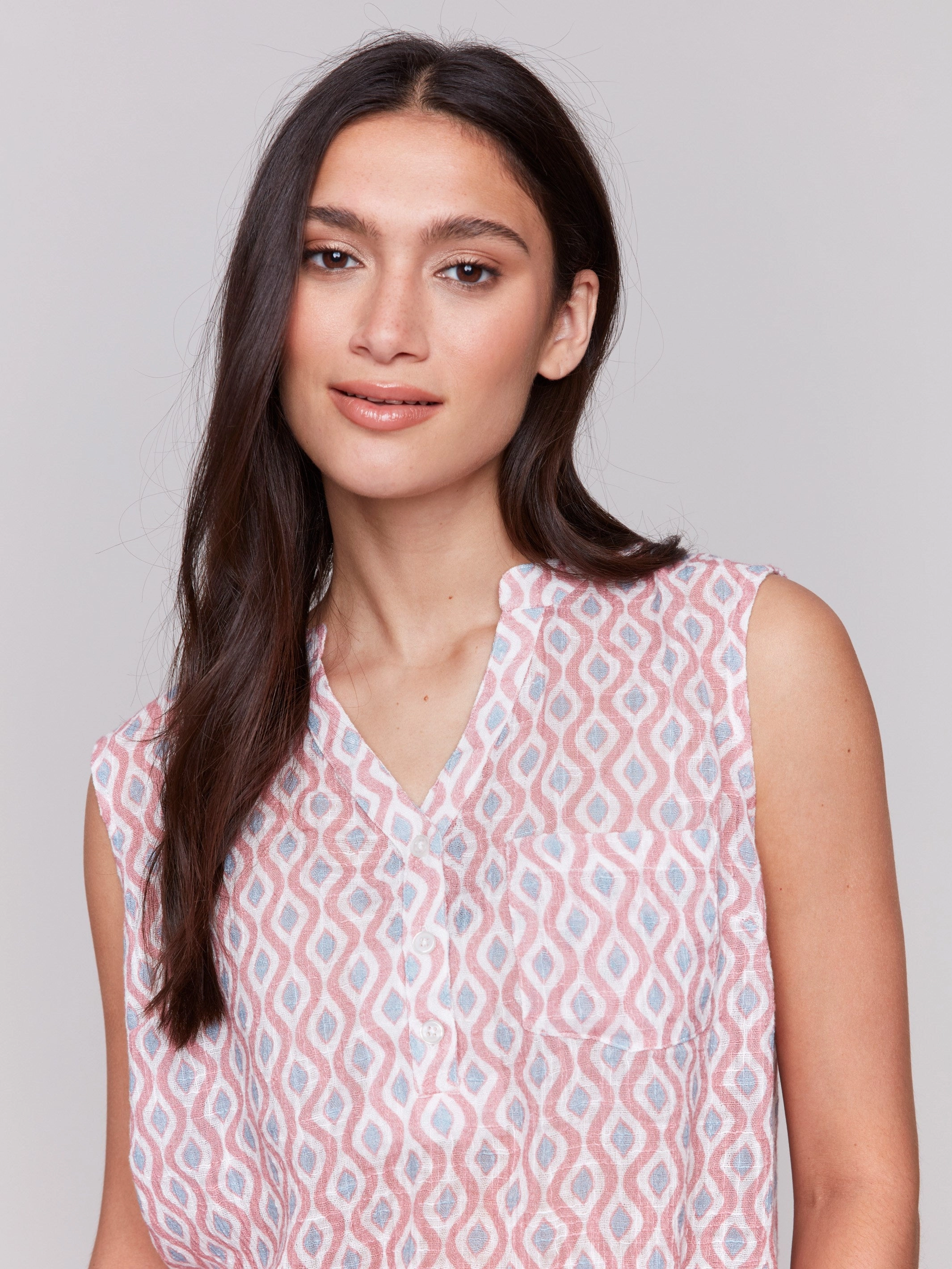 Printed Cotton Gauze Sleeveless Shirt - Waves affair