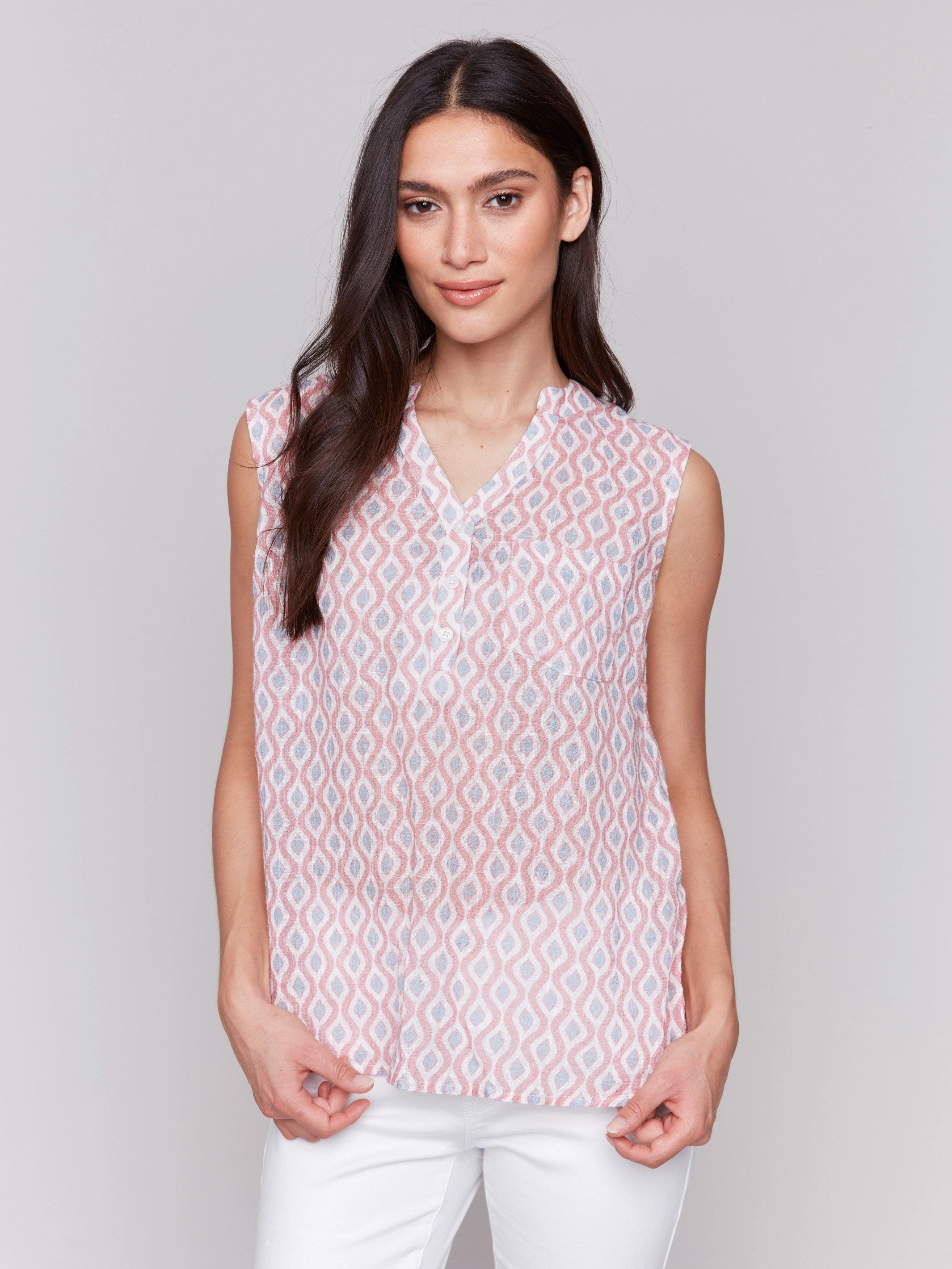 Printed Cotton Gauze Sleeveless Shirt - Waves Occasion Moment