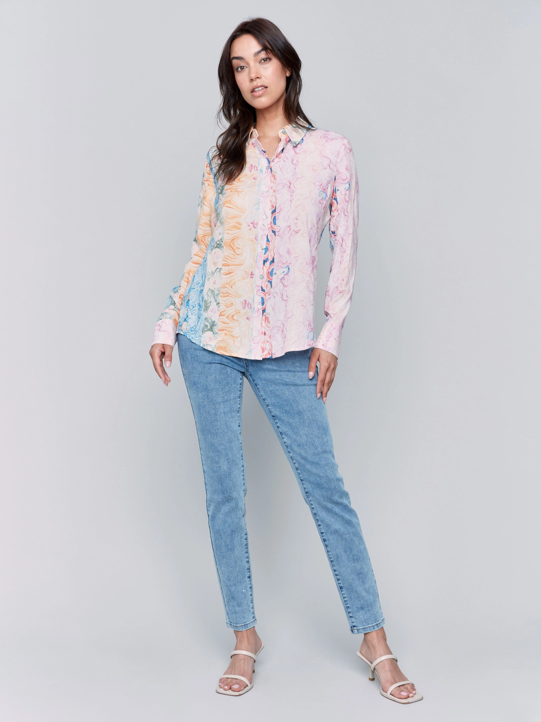 Printed Long Sleeve Button-Up Blouse - Wallpaper mix and match Ombre look