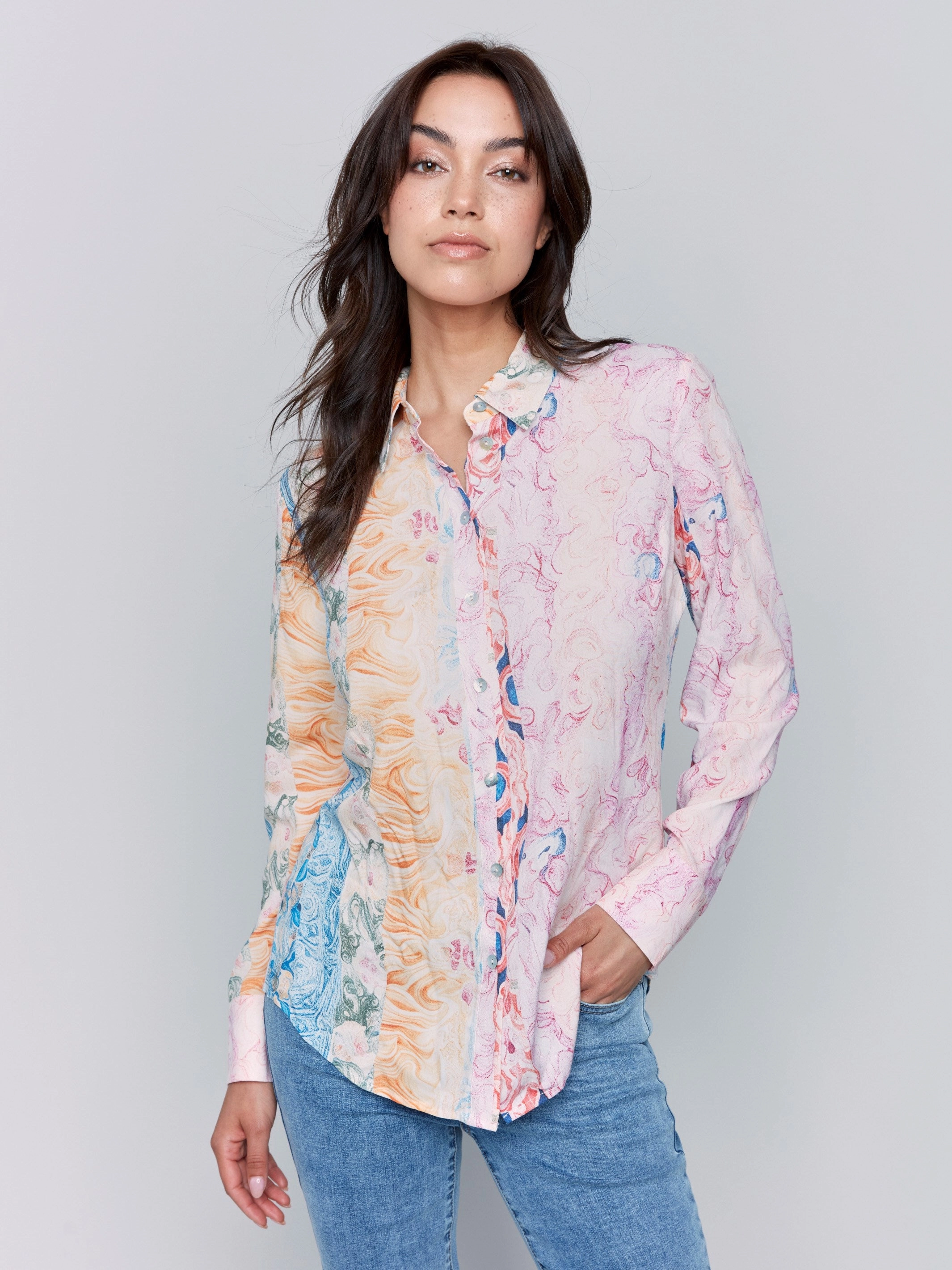 Tailored Fit Oversized style Printed Long Sleeve Button-Up Blouse - Wallpaper