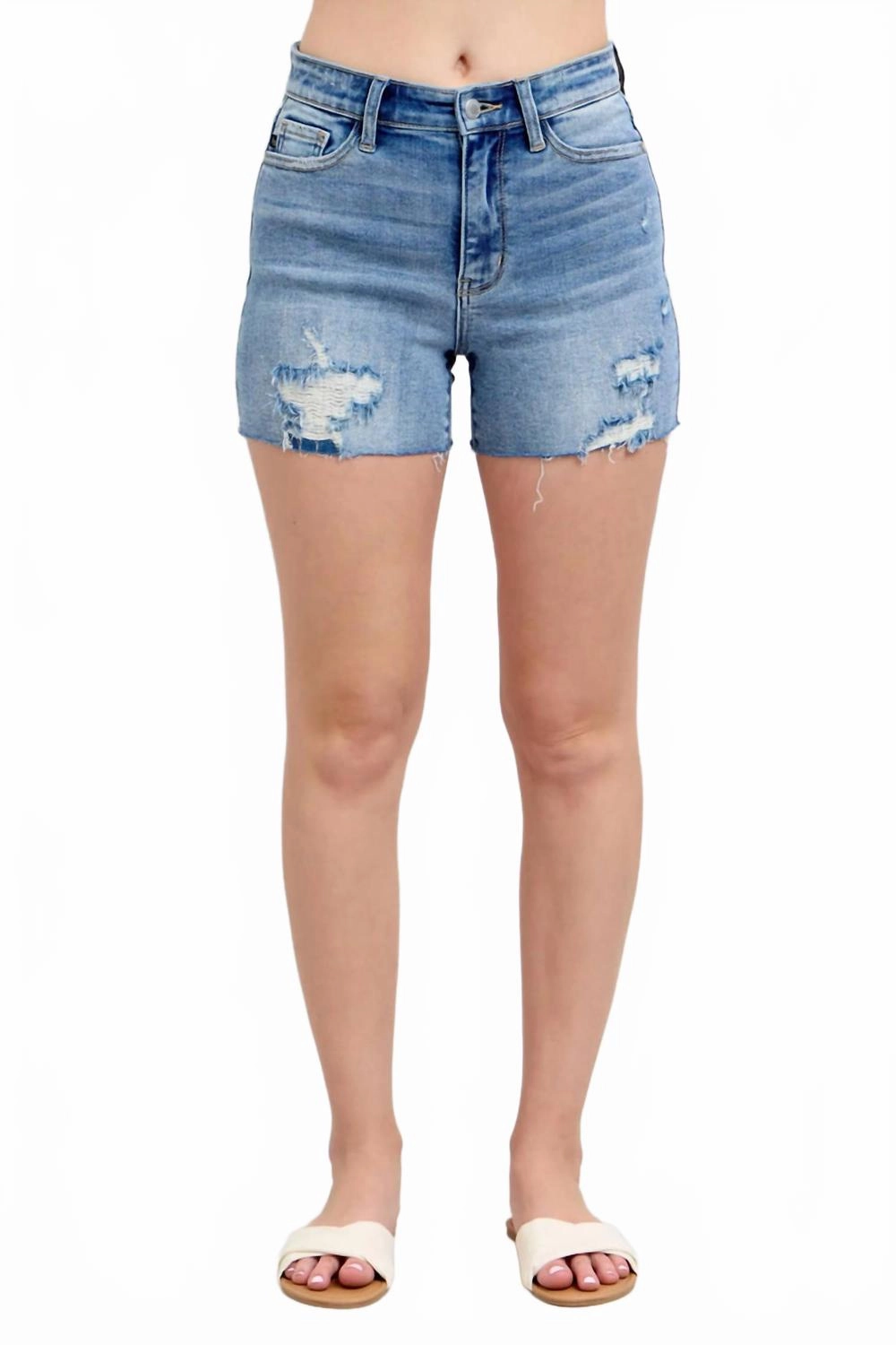 Perfect Comfort baseball uniform High Waist Denim Shorts In Medium Wash