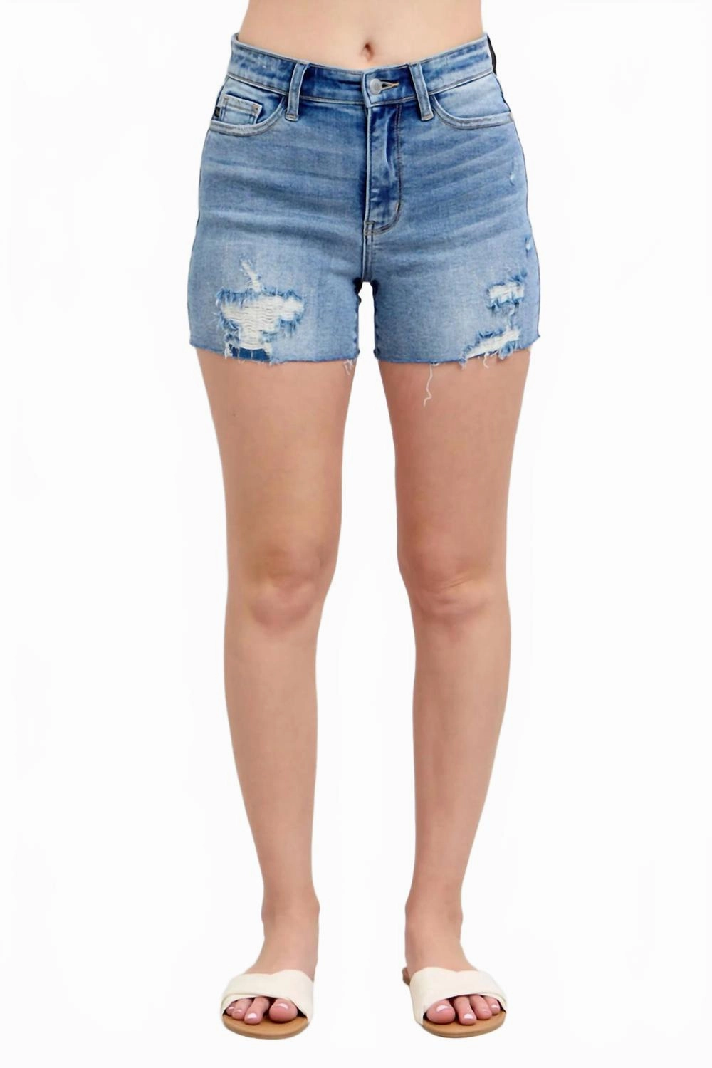 High Waist Denim Shorts In Medium Wash Summer Wear UV protection layer