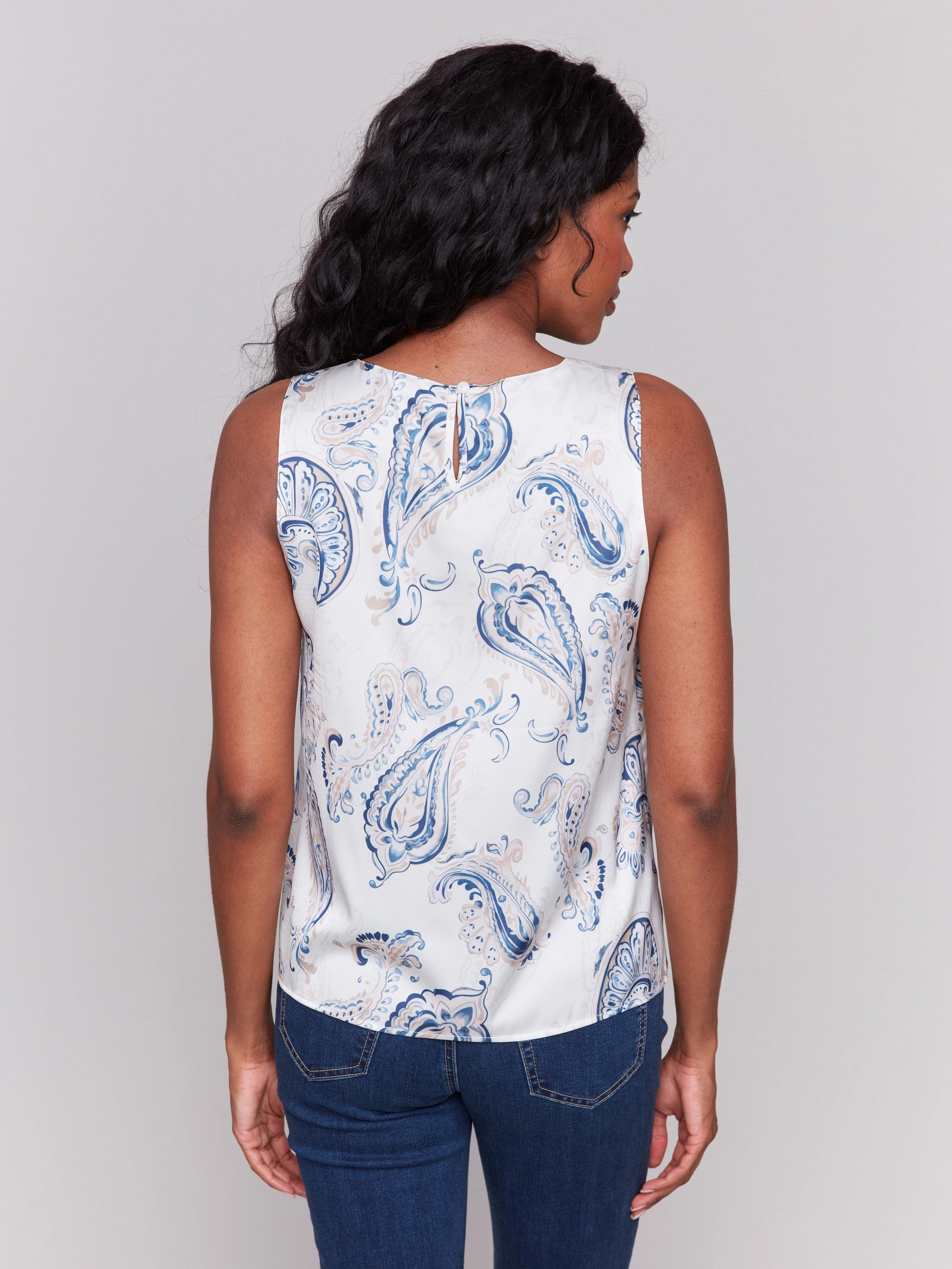 Printed Satin Sleeveless Top - Ivory Noise Reduced Fasteners