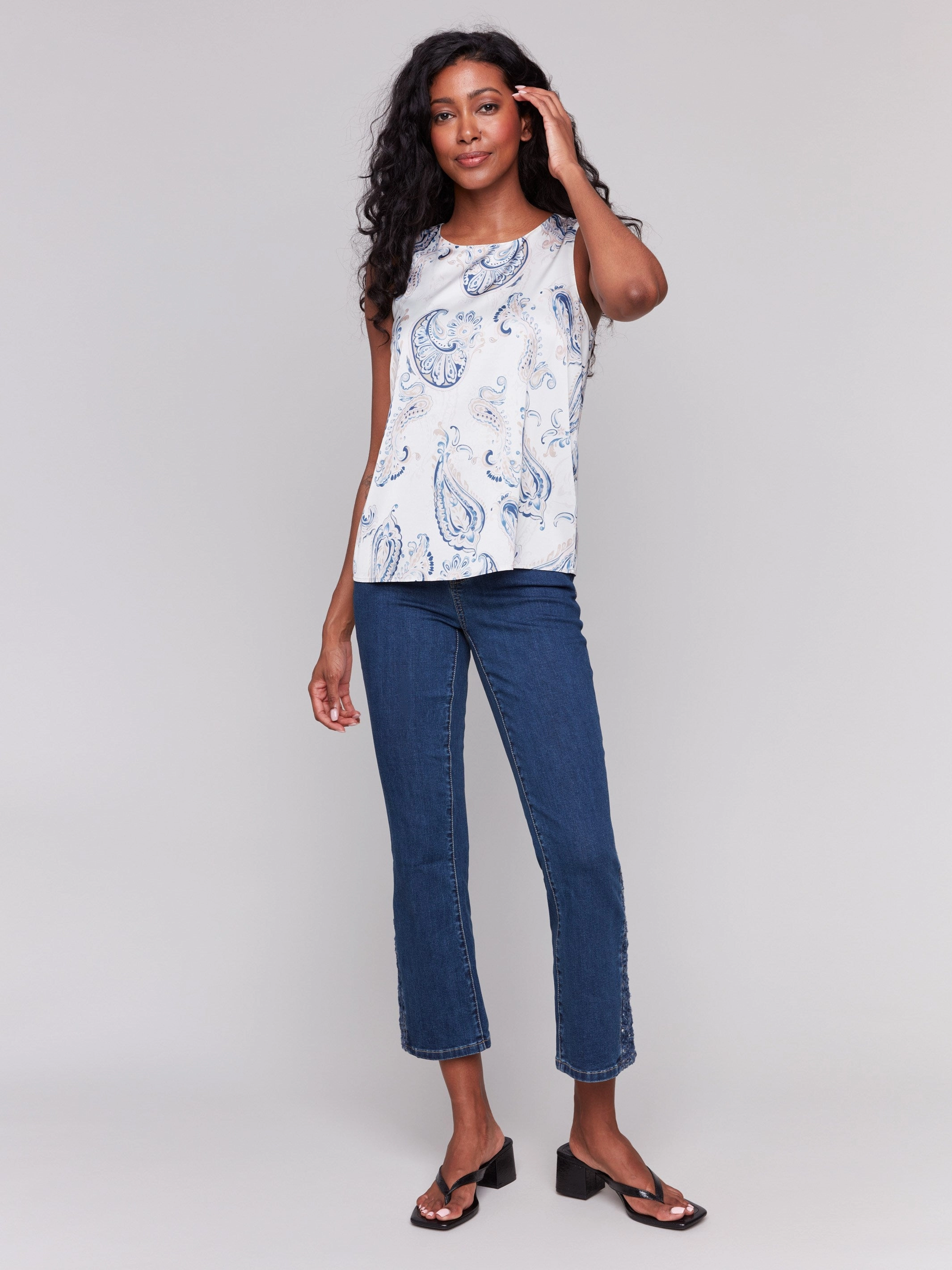 Printed Satin Sleeveless Top - Ivory significant relief