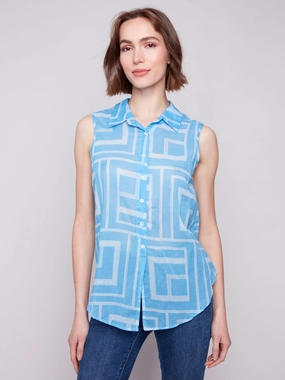 Functional Fashion Bold Print Printed Sleeveless Front Tie Cotton Shirt - Bluebell