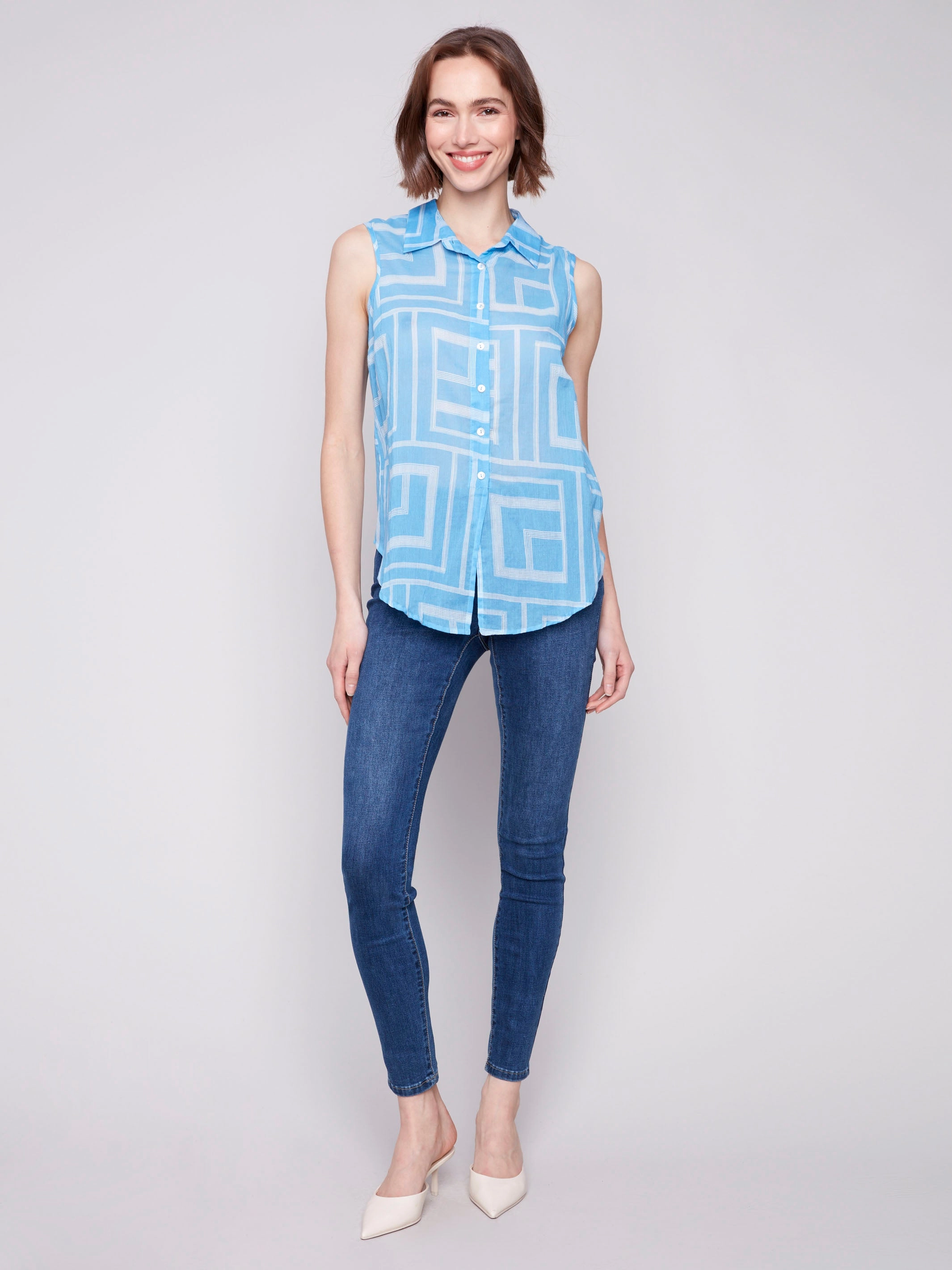 Printed Sleeveless Front Tie Cotton Shirt - Bluebell Coastal Vibes Fitted Cut