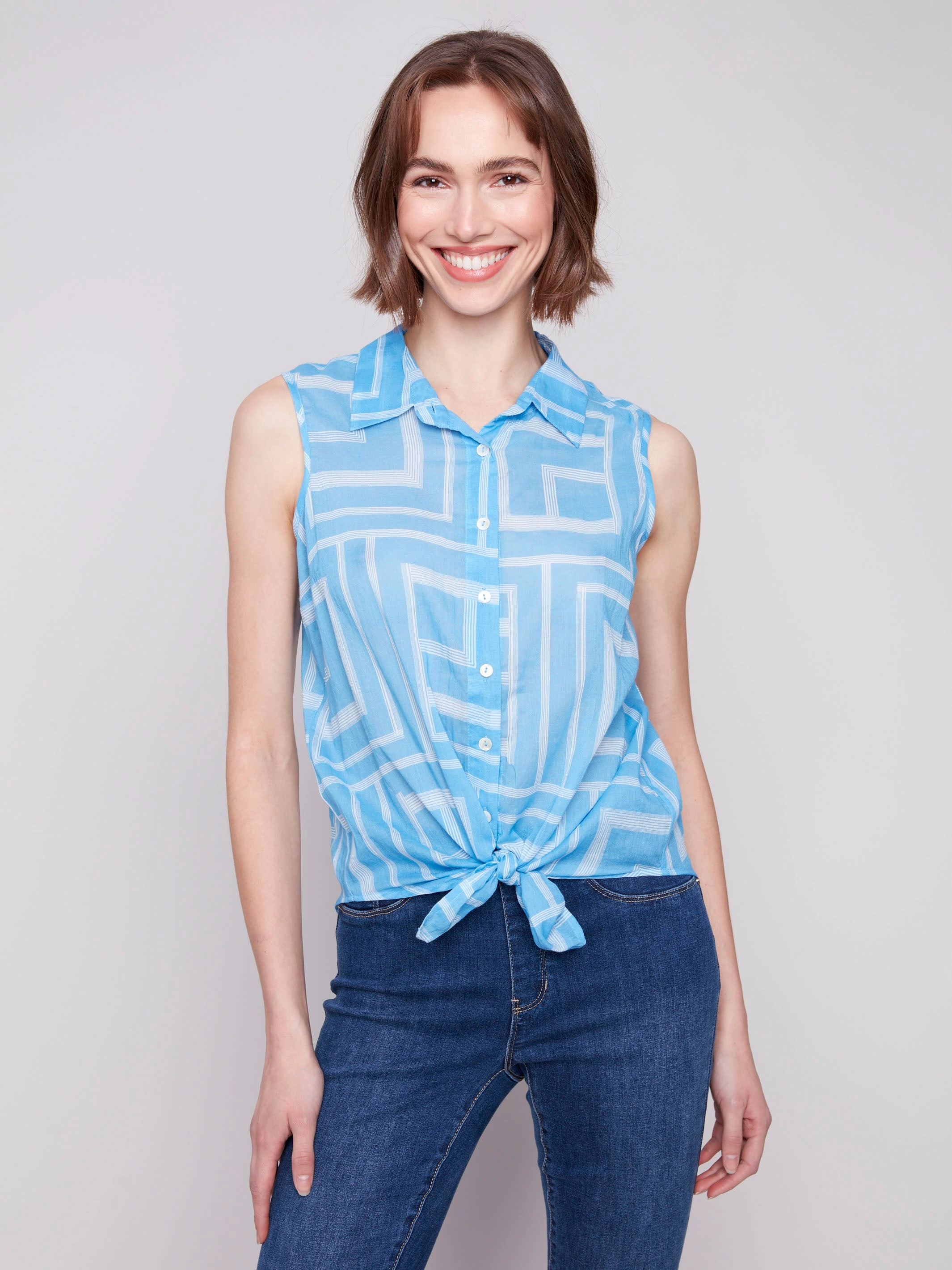 Printed Sleeveless Front Tie Cotton Shirt - Bluebell Abstract print