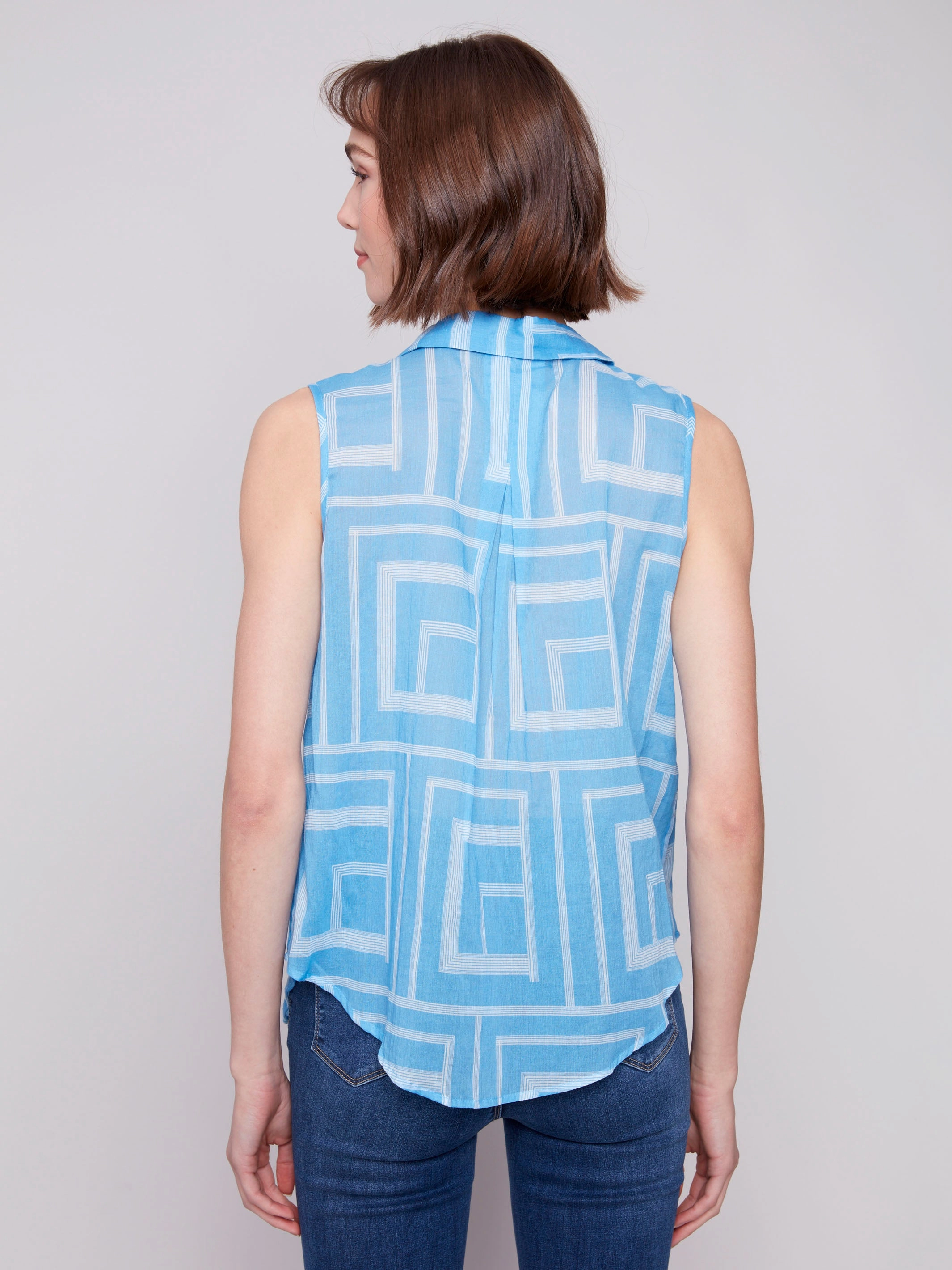 Printed Sleeveless Front Tie Cotton Shirt - Bluebell Ombre look Perfect Fit