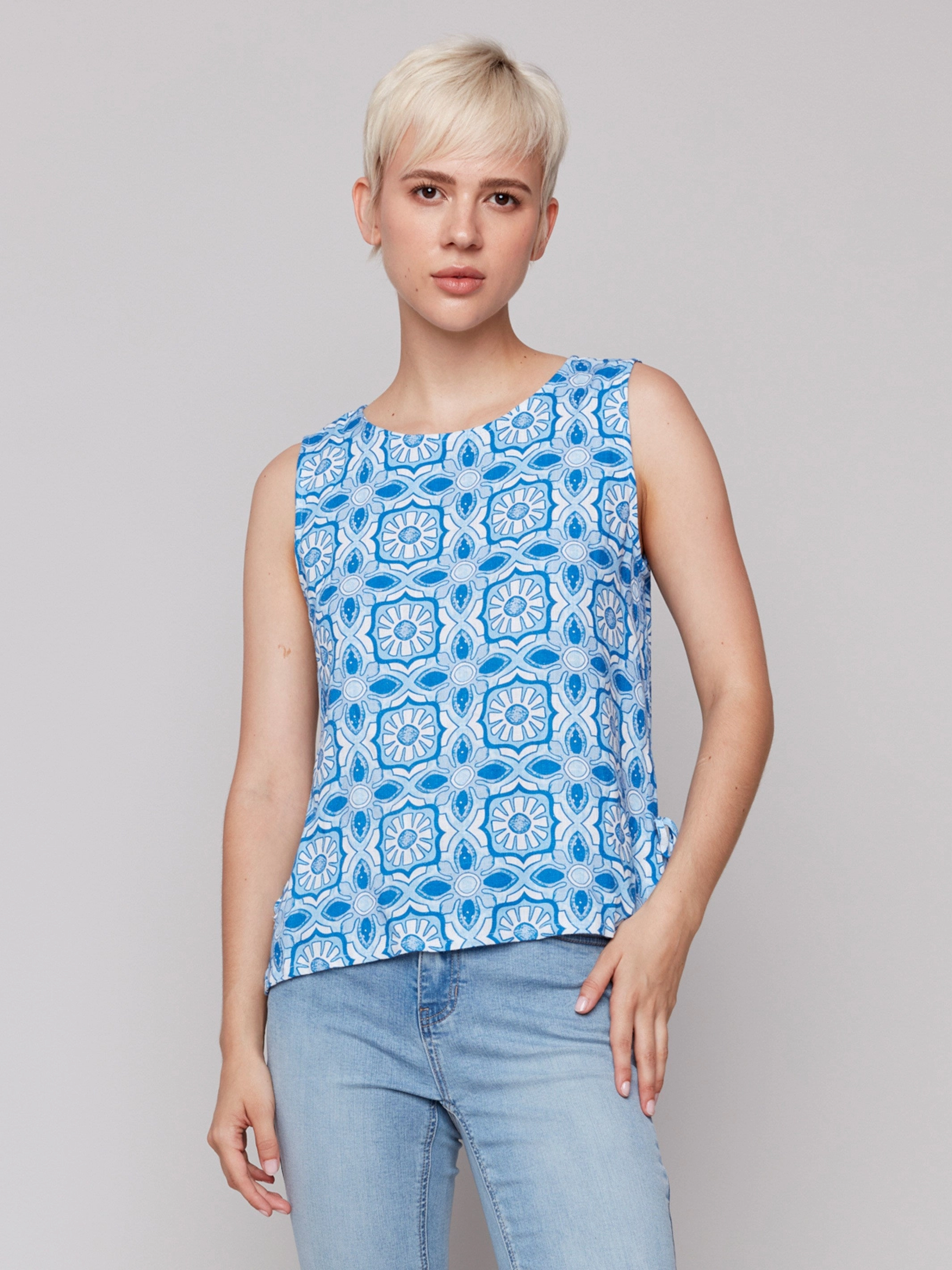 Printed Sleeveless Linen Blend Top with Side Ties - Illusion night look Reflective details
