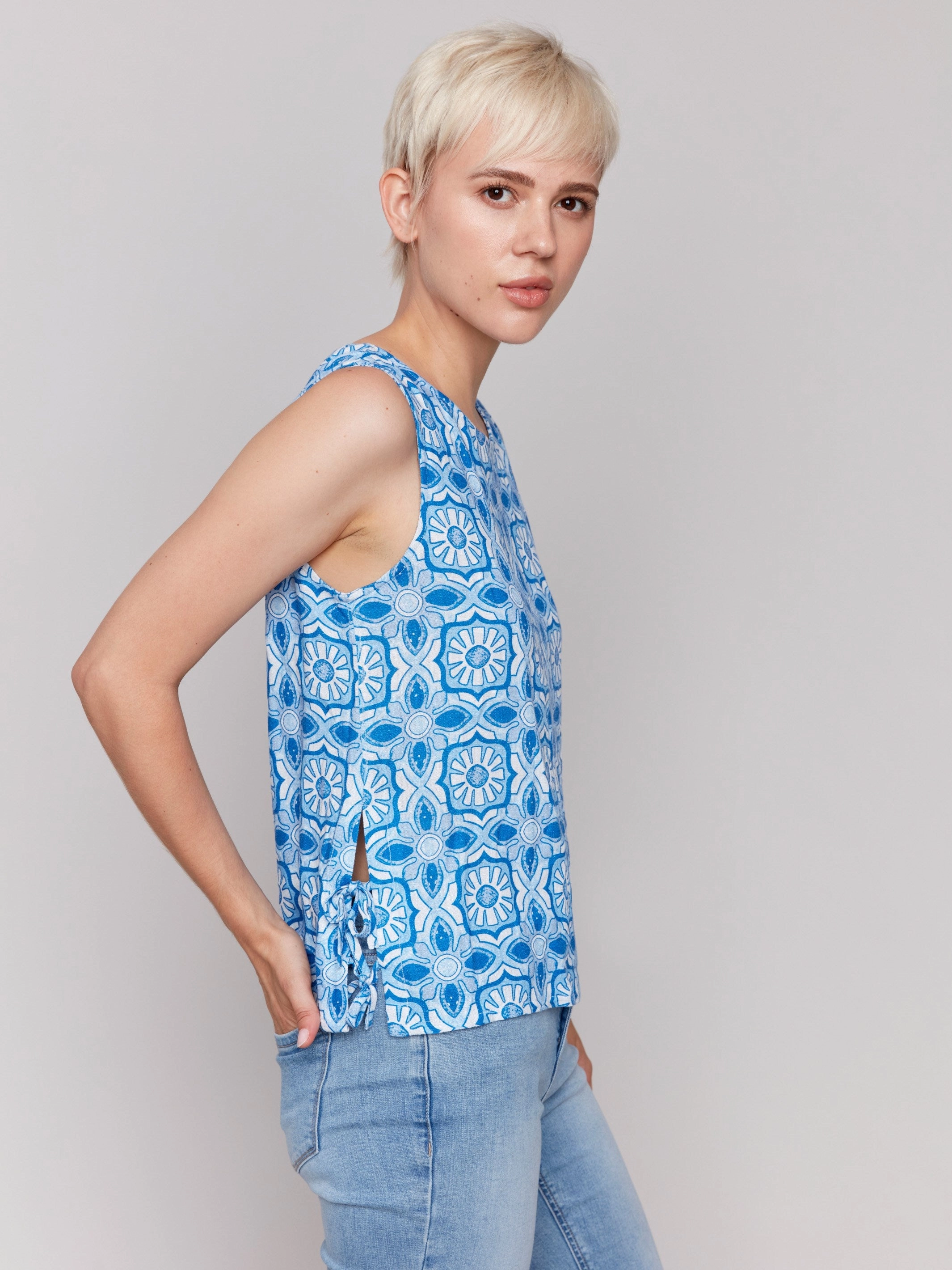 Anti Pilling Surface Treatment Printed Sleeveless Linen Blend Top with Side Ties - Illusion