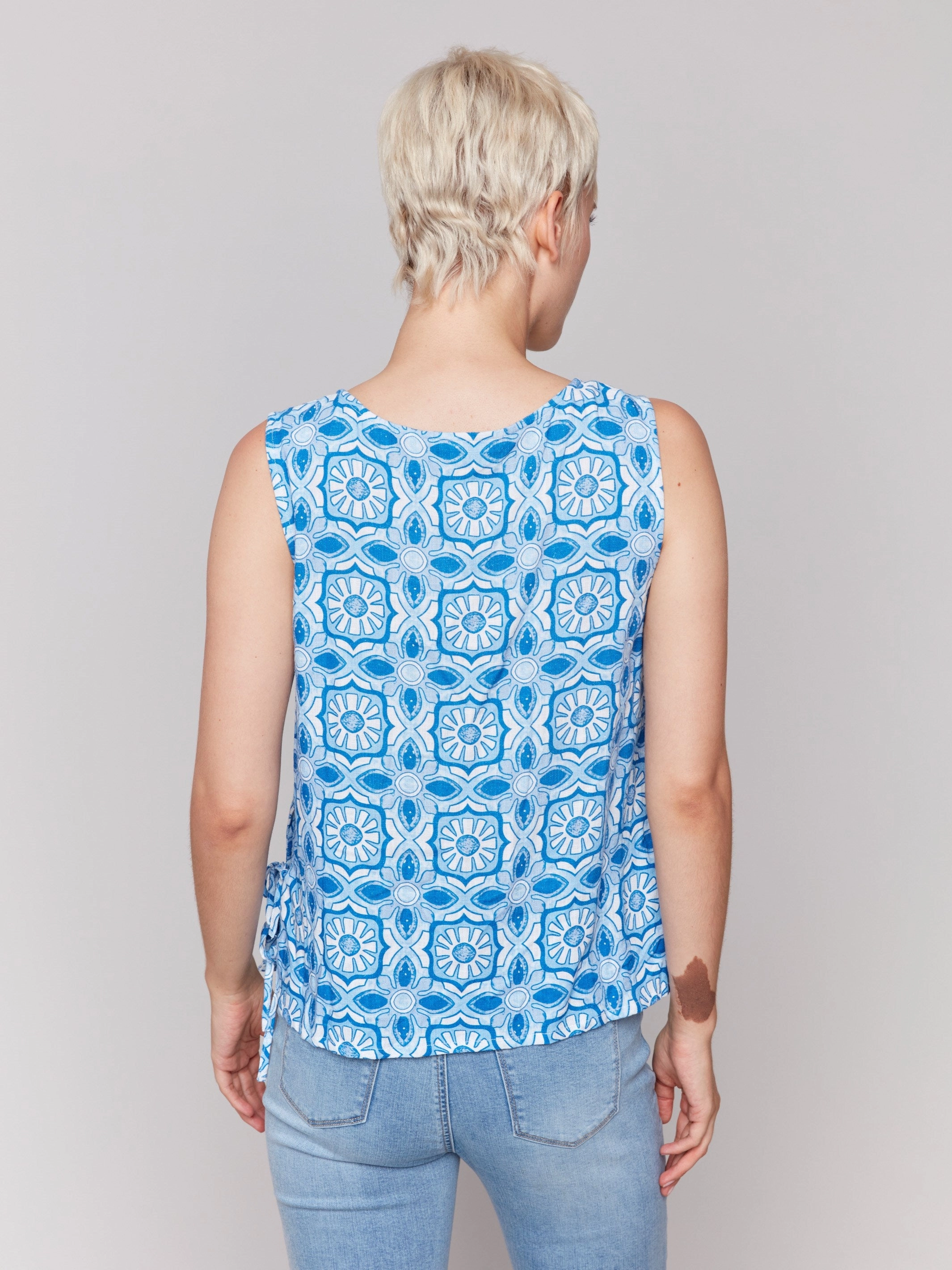 Printed Sleeveless Linen Blend Top with Side Ties - Illusion Affection suitable for home