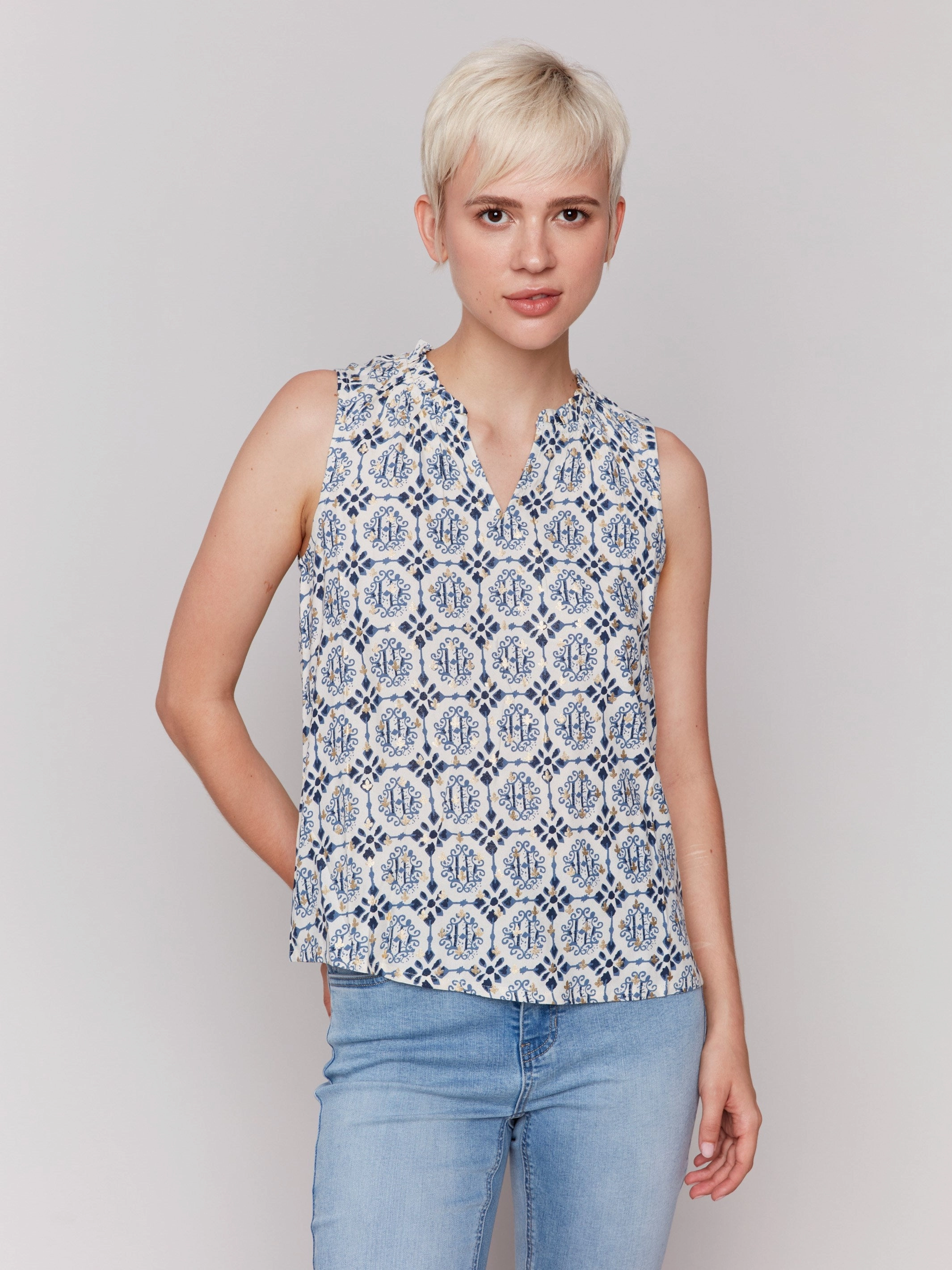 assistance Printed Sleeveless Ruffle Neck Top - Ornament