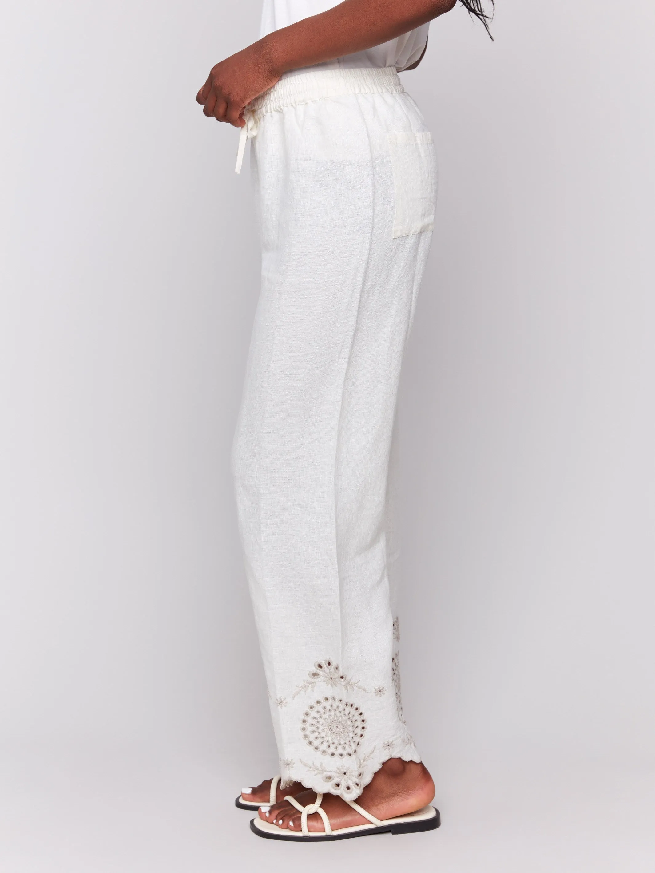 Loose Fit Pull-On Linen Pants with Eyelet Embroidery - Natural