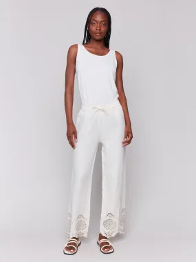 Relaxed Fit Stretchable Comfort Pull-On Linen Pants with Eyelet Embroidery - Natural
