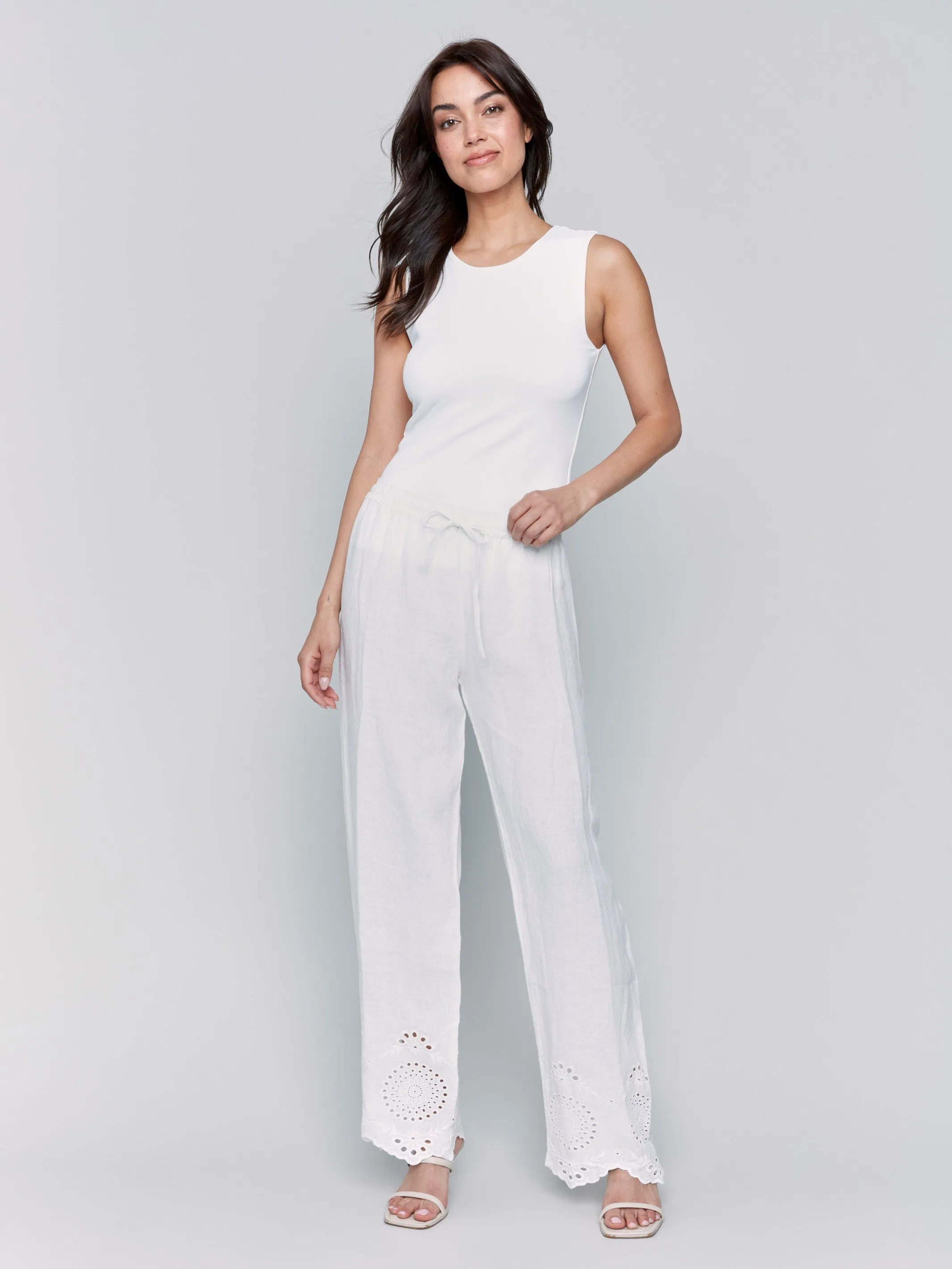 Heat Dissipating Pull-On Linen Pants with Eyelet Embroidery - White