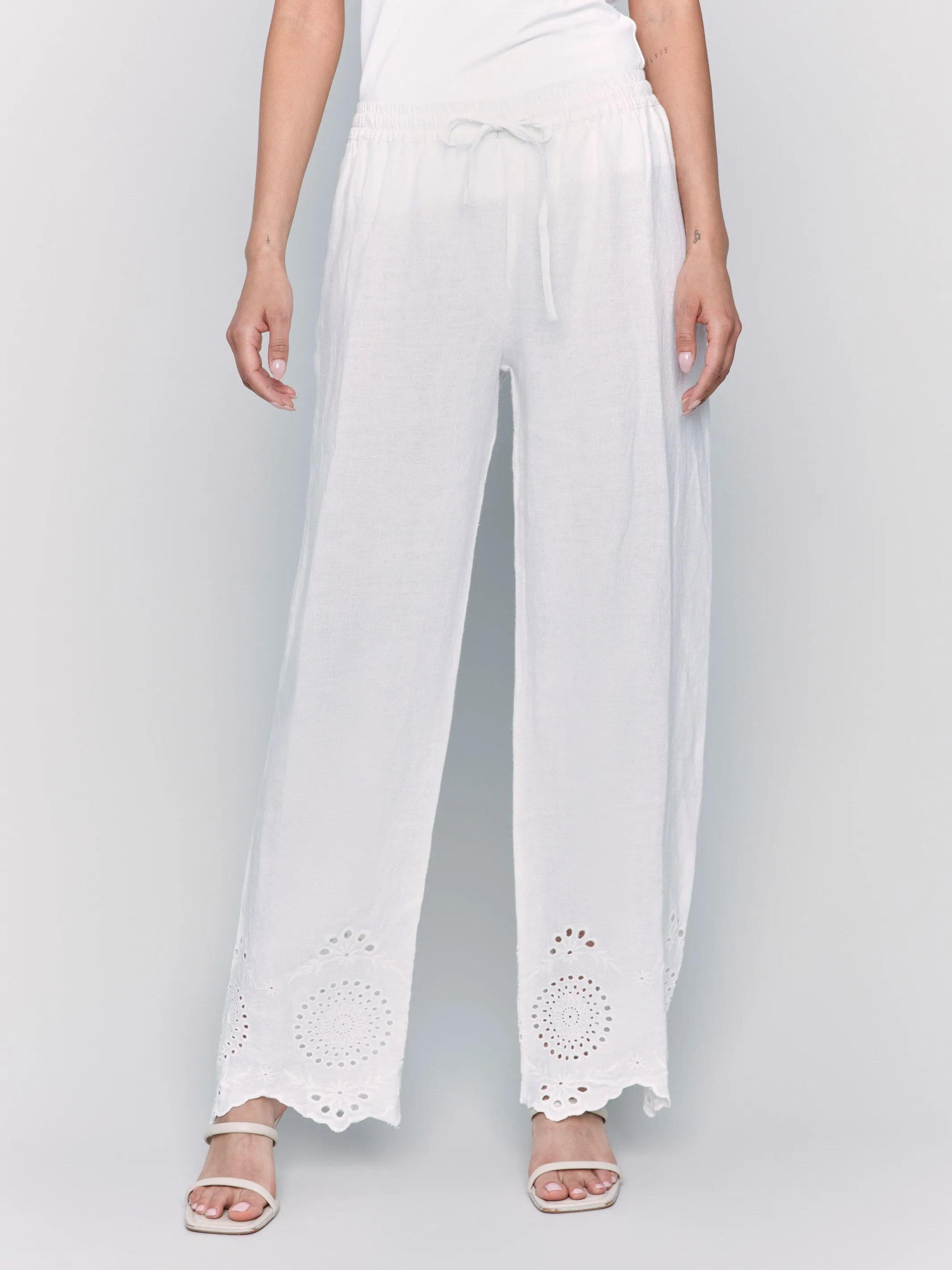 Quick Dry Wear AbrasionResistantFabric Pull-On Linen Pants with Eyelet Embroidery - White