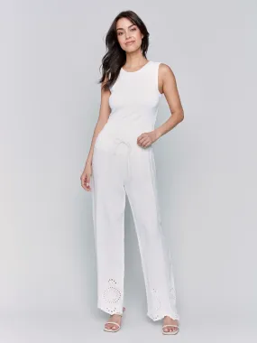 Heat Dissipating Pull-On Linen Pants with Eyelet Embroidery - White