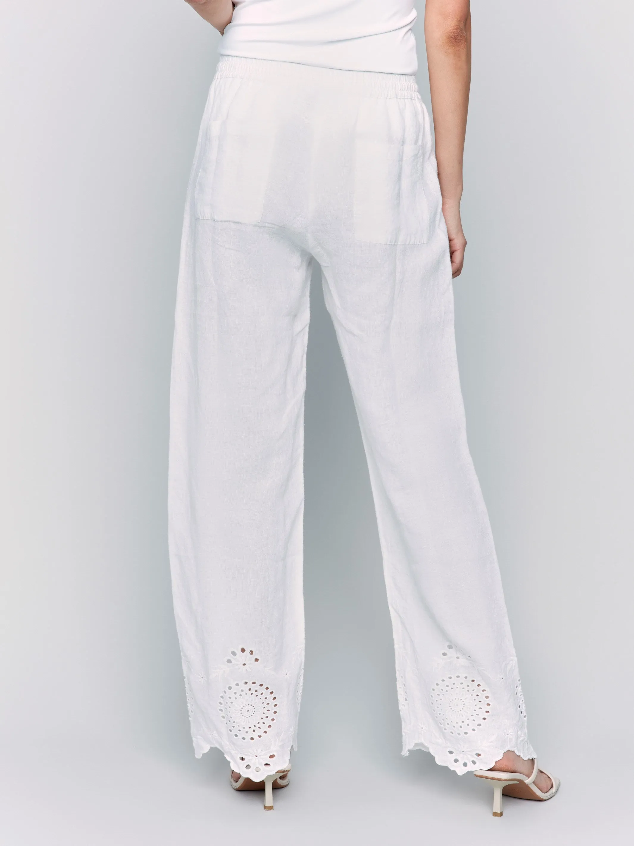 Everyday Ease Simple Utility Pull-On Linen Pants with Eyelet Embroidery - White