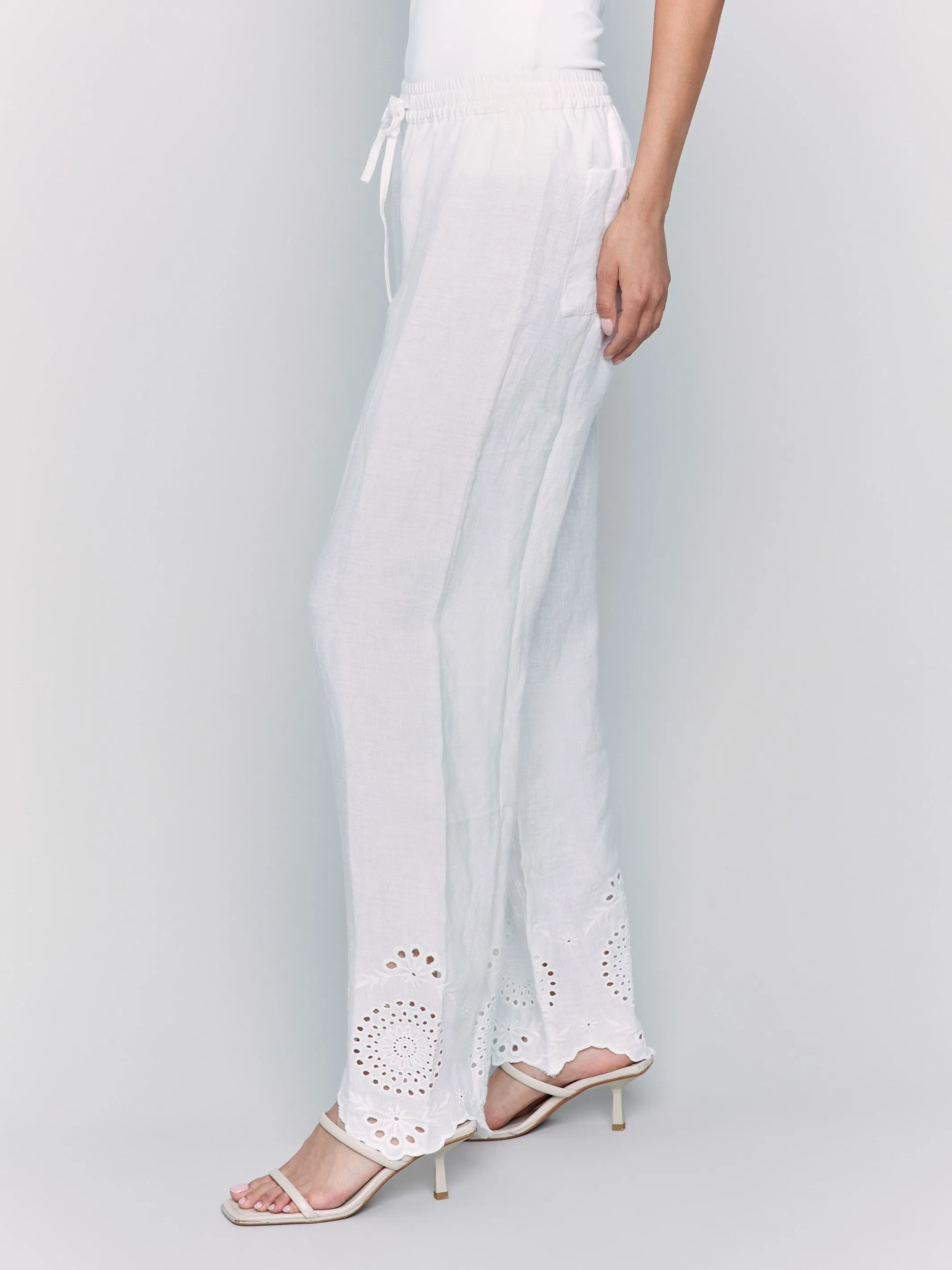 Pull-On Linen Pants with Eyelet Embroidery - White Body Ready