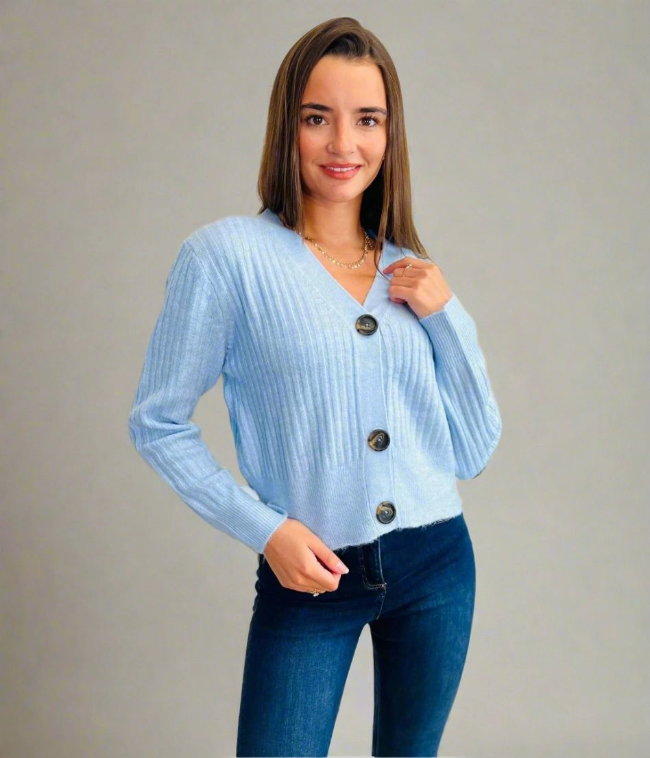 All-Day Knitwear Powder Blue Ribbed Knit Button Cardigan