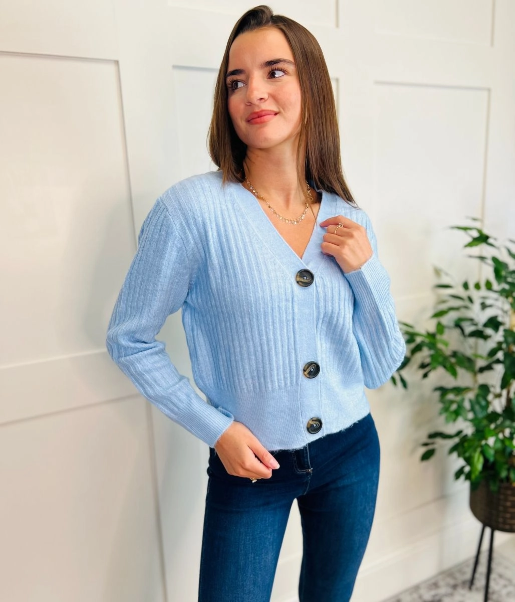 Sleek Layers Knitwear Look Powder Blue Ribbed Knit Button Cardigan