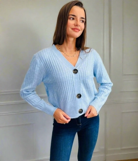 Fade Resistant Dye Powder Blue Ribbed Knit Button Cardigan