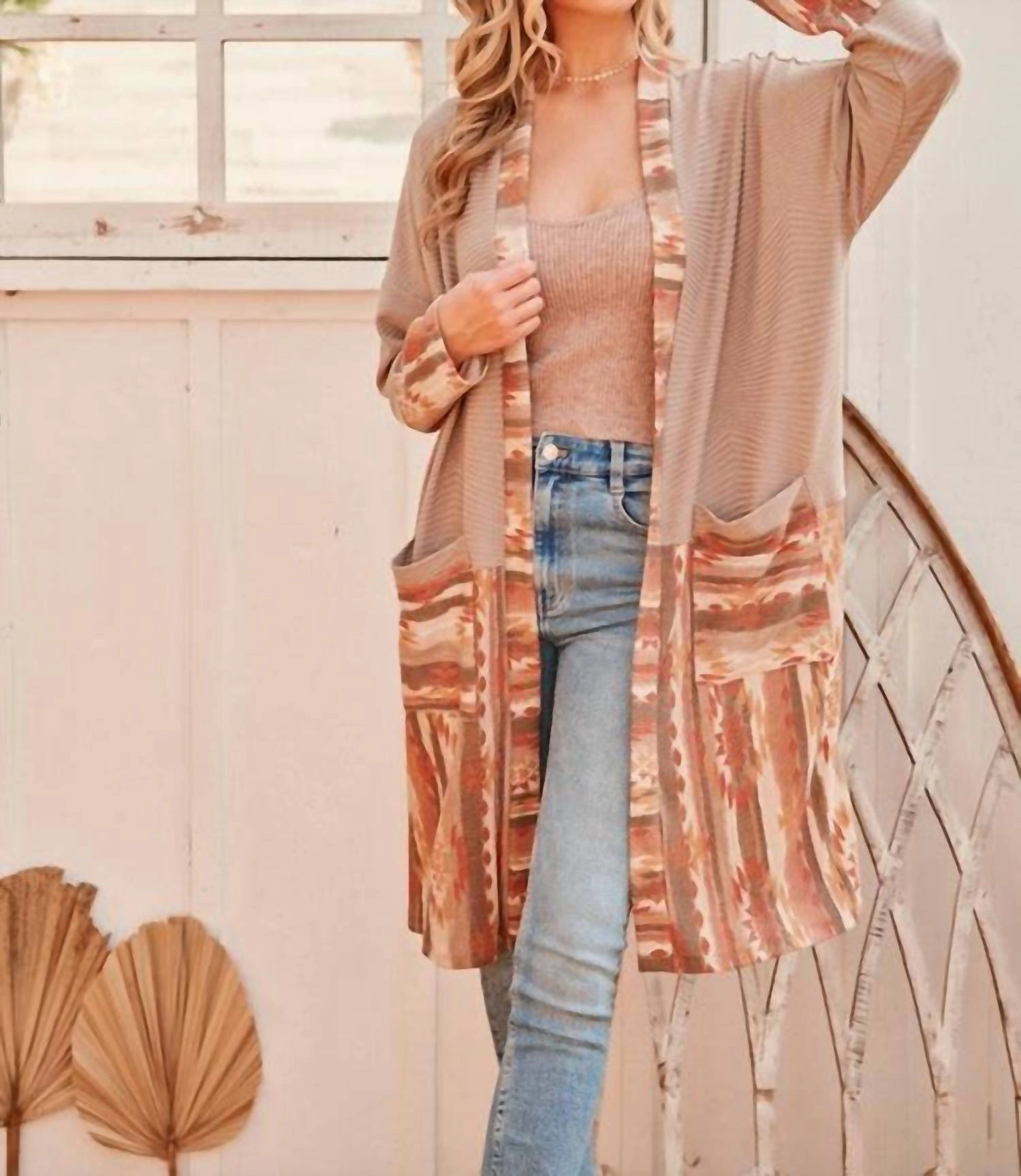 Ribbed Cardigan W/pockets In Taupe/beige Chilly Knitwear