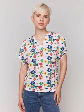 Printed Short Sleeve Dolman Top - Daisies Reinforced Shoulders Unlined Design