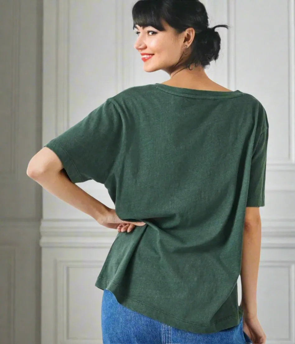 Green Linen Blend V Neck T Shirt Relaxed Tee Softened Edges