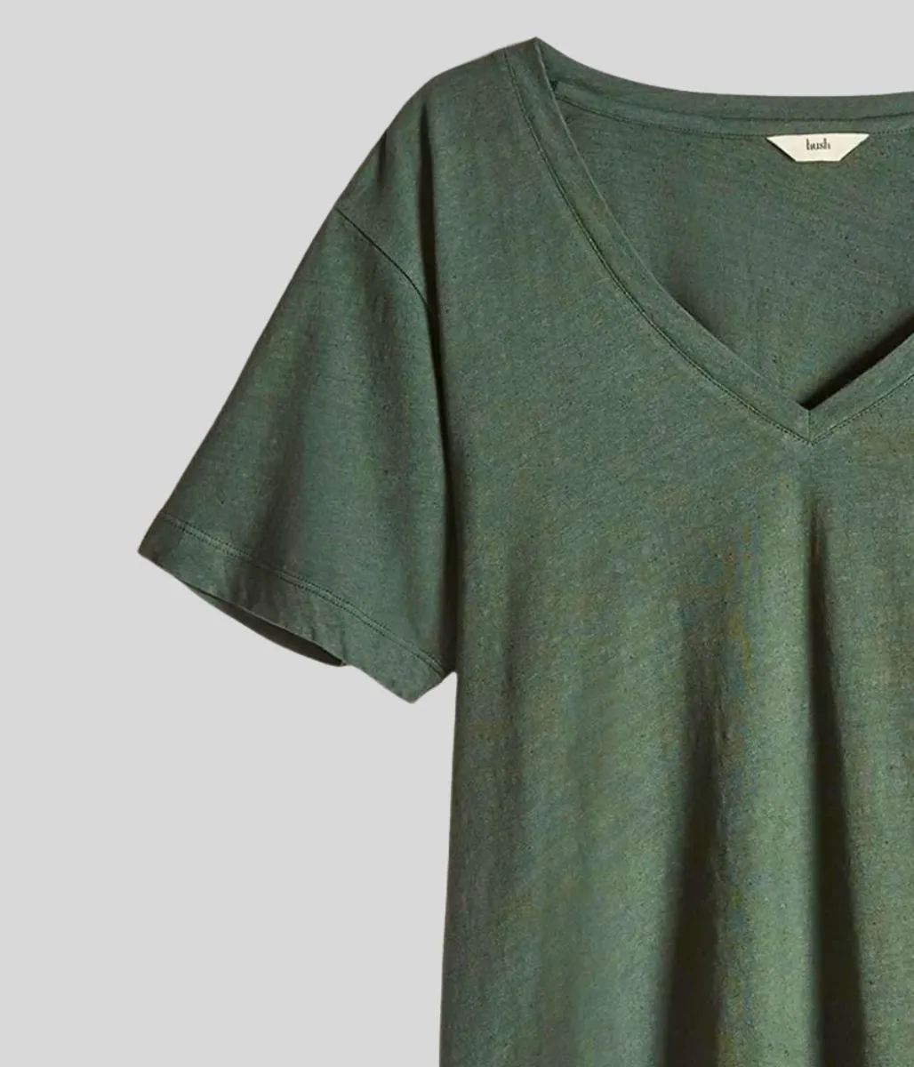Casual Pullover Green Linen Blend V Neck T Shirt