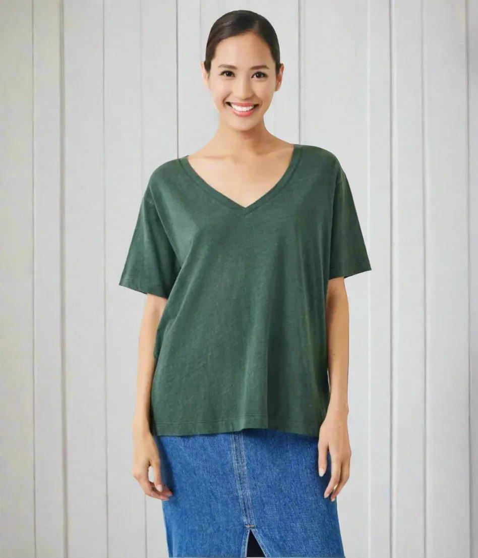DoubleLayered Collar Lightweight Jacket Green Linen Blend V Neck T Shirt