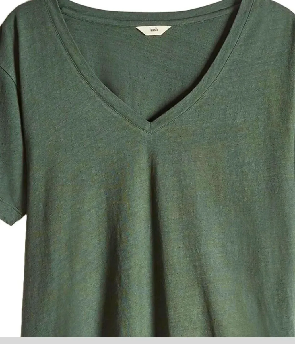 Water Repellent Coating Green Linen Blend V Neck T Shirt