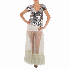 Modern Edge Rabanne Ladies Ecru  Stud Embellished Ruffled Hem Lace Skirt, Brand Size 36 (US Size 4)