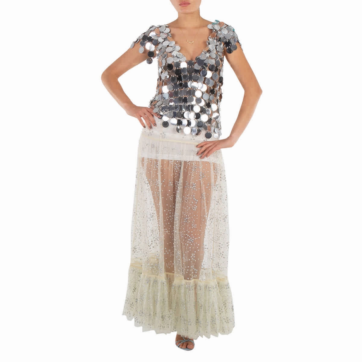 Modern Edge Rabanne Ladies Ecru  Stud Embellished Ruffled Hem Lace Skirt, Brand Size 36 (US Size 4)