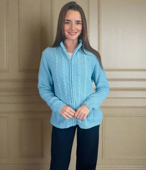 Aqua Chenille Cable Zip Cardigan Dynamic Ventilation Panels Lightweight Style