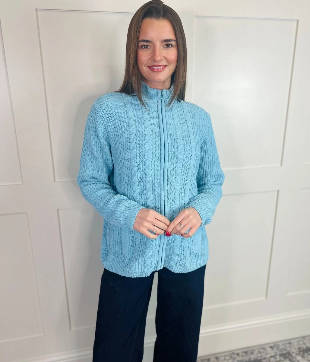 Versatile Style Aqua Chenille Cable Zip Cardigan