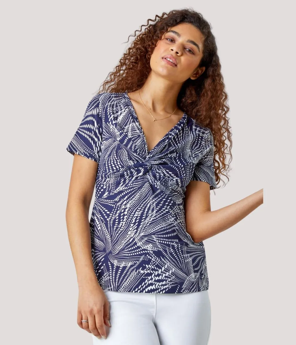 Navy Abstract Twist Front Top Chic Look