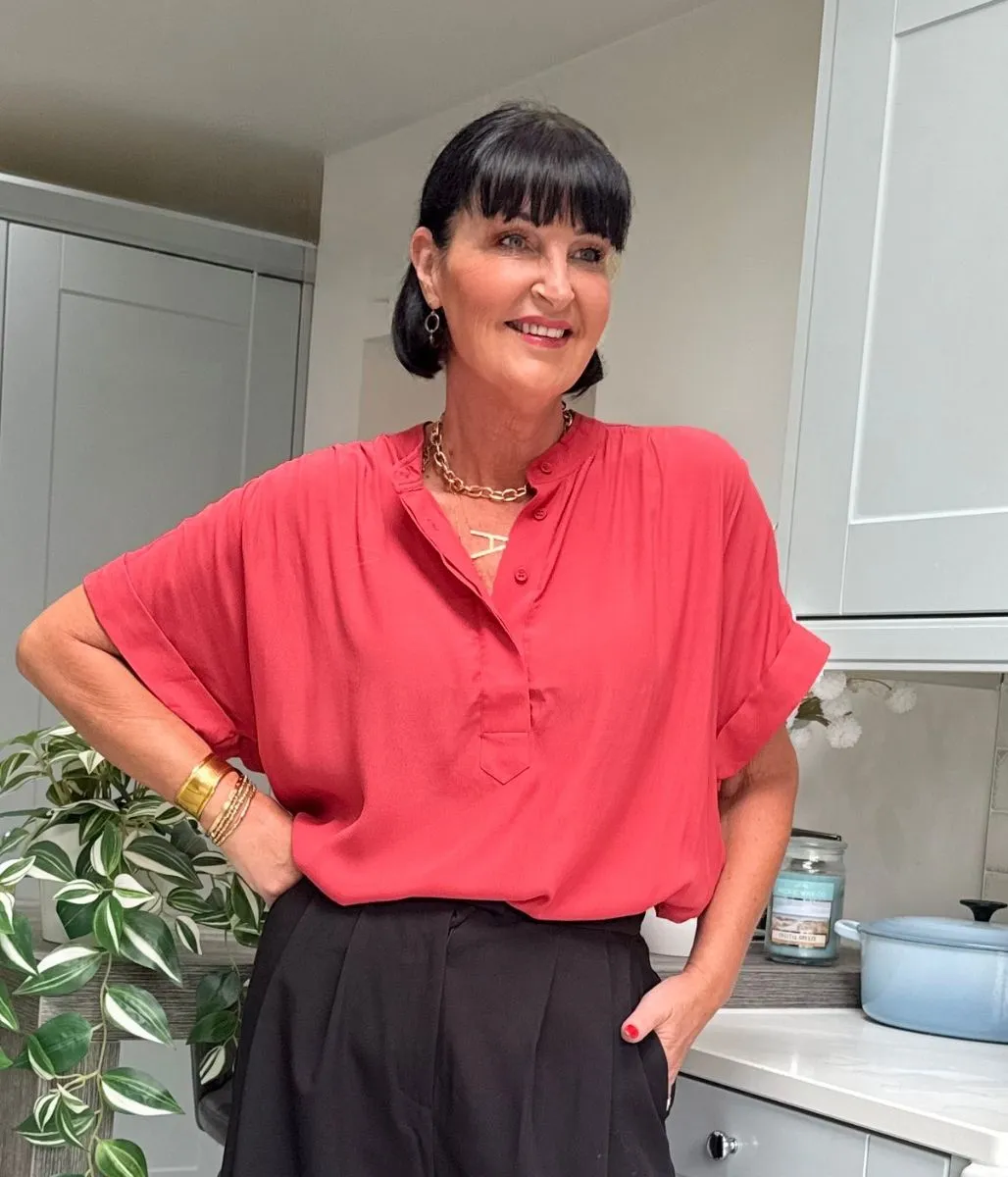 Red Anika Oversized Short Sleeve Blouse HighDensity Knit StretchComfort