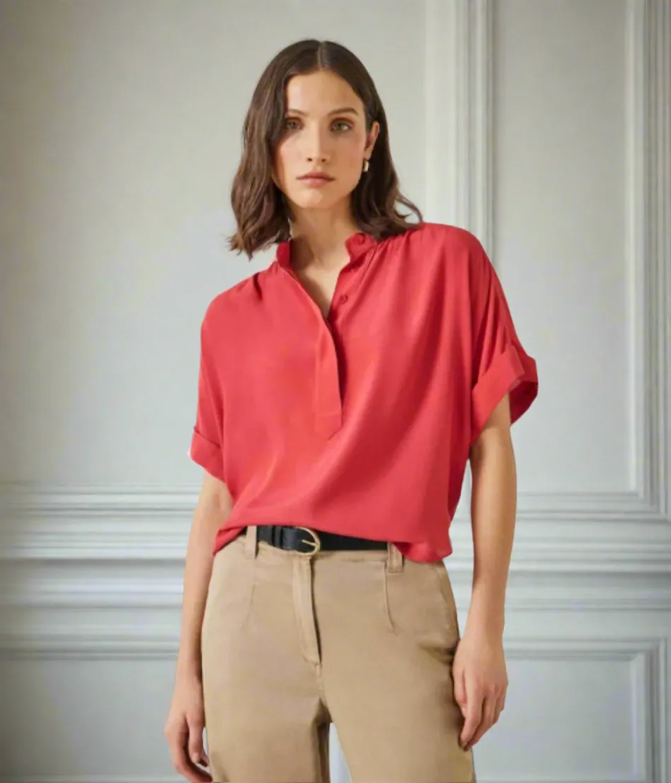 Odor Resistant Finish Built In Filter Layer Red Anika Oversized Short Sleeve Blouse
