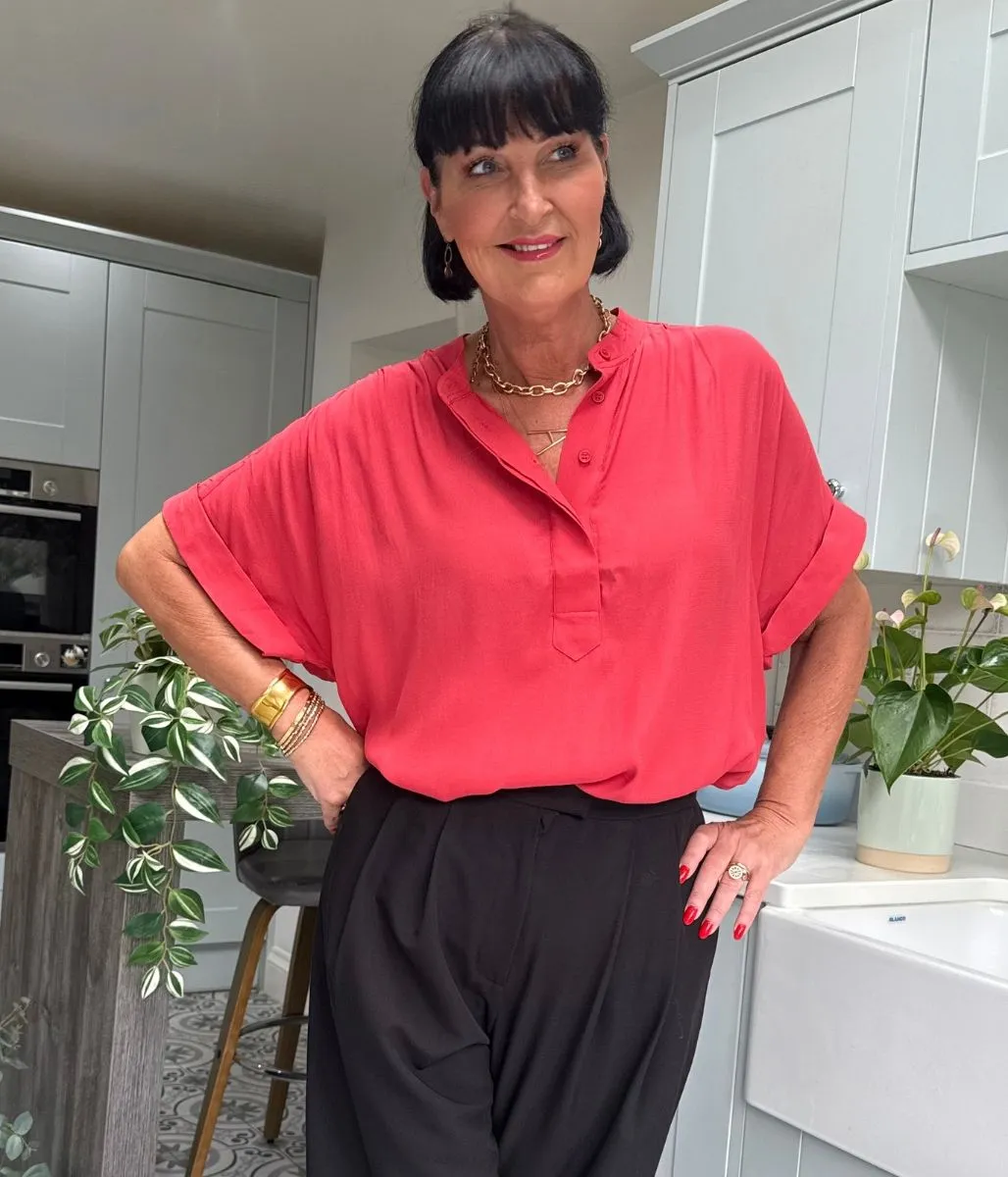 Red Anika Oversized Short Sleeve Blouse AbrasionResistant Edging