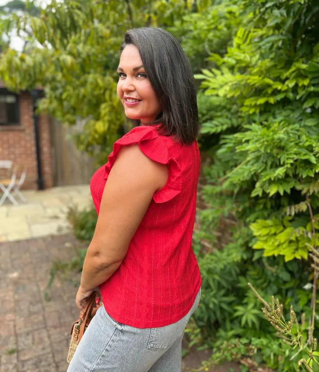 FrenchTerry Flexible Shoulder Gusset Red Frill Sleeve Broderie Anglaise Top