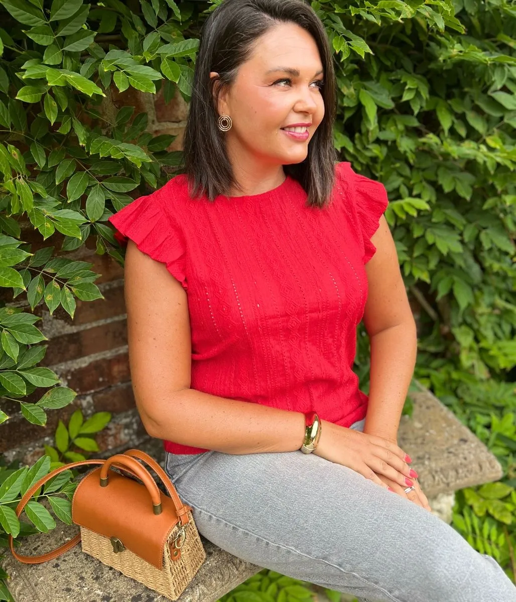 SnagResistant Red Frill Sleeve Broderie Anglaise Top