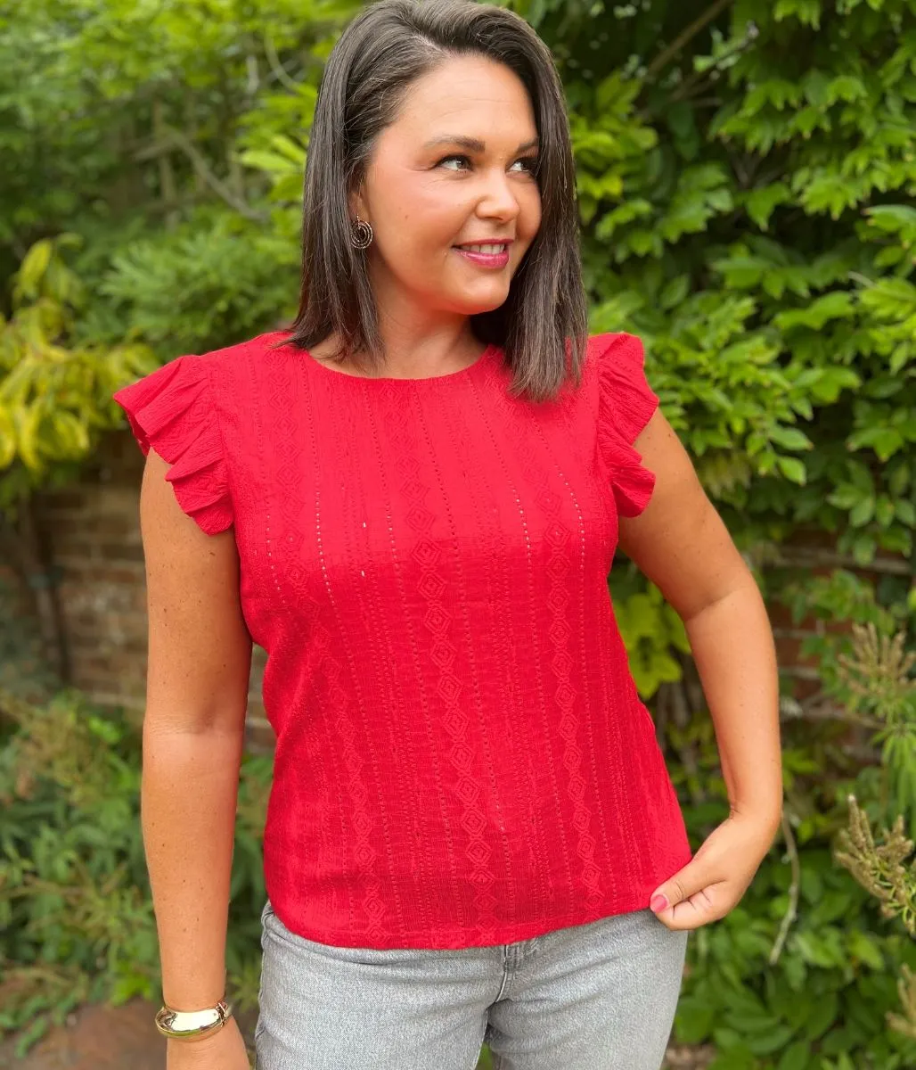 Subtle Texture Weave MeshLining Red Frill Sleeve Broderie Anglaise Top