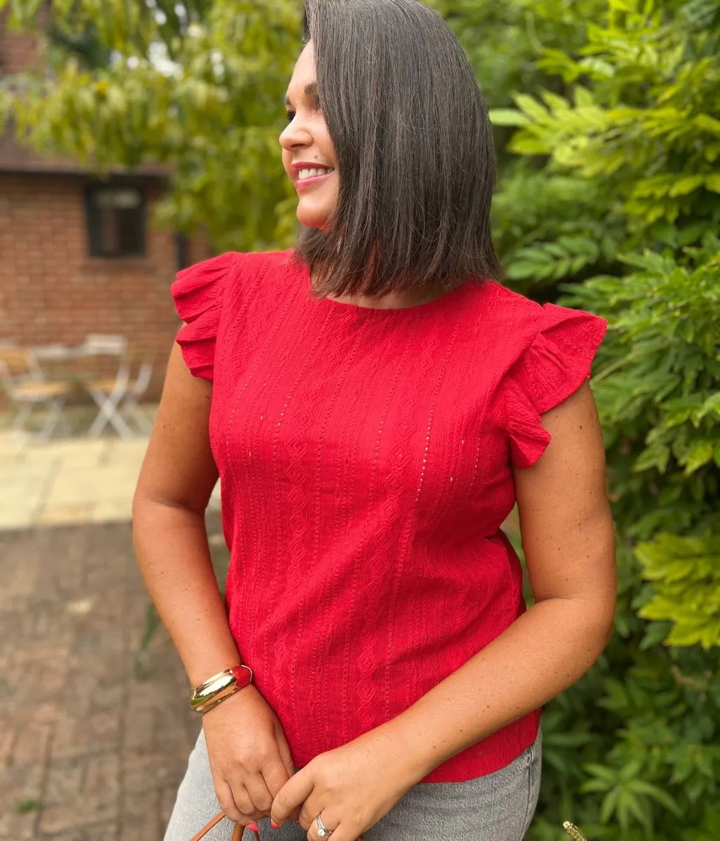 Tagless Neckline Design Reversible Layering Tech Red Frill Sleeve Broderie Anglaise Top