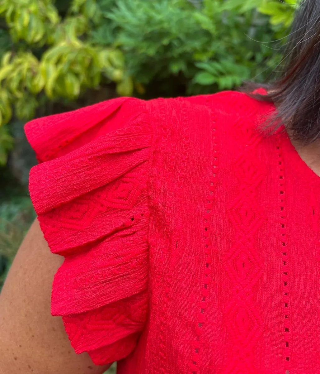 DoubleLayeredFabric Red Frill Sleeve Broderie Anglaise Top