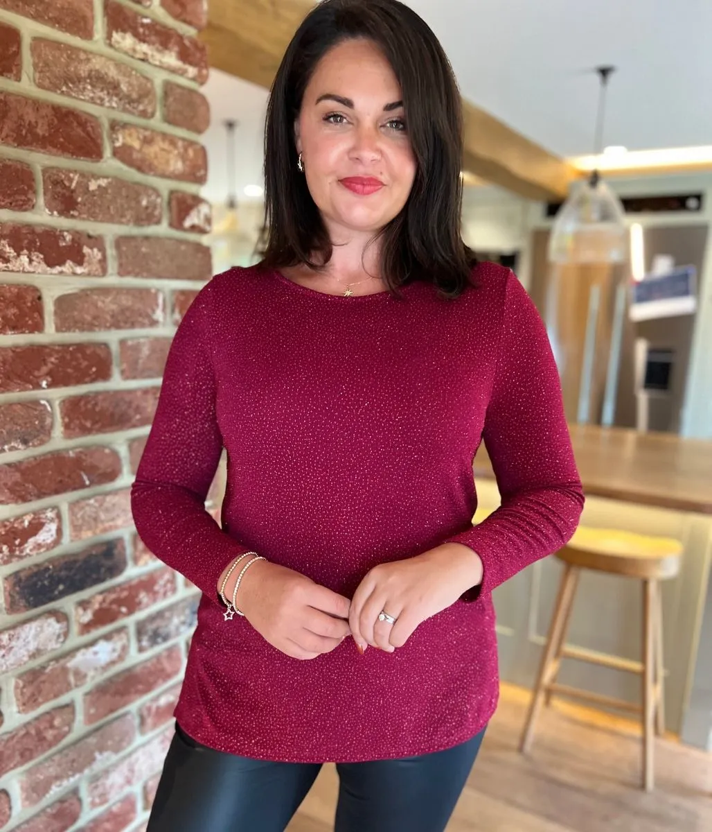 Red Sparkle Cowl Back Tunic Top NonPill Surface Treatment