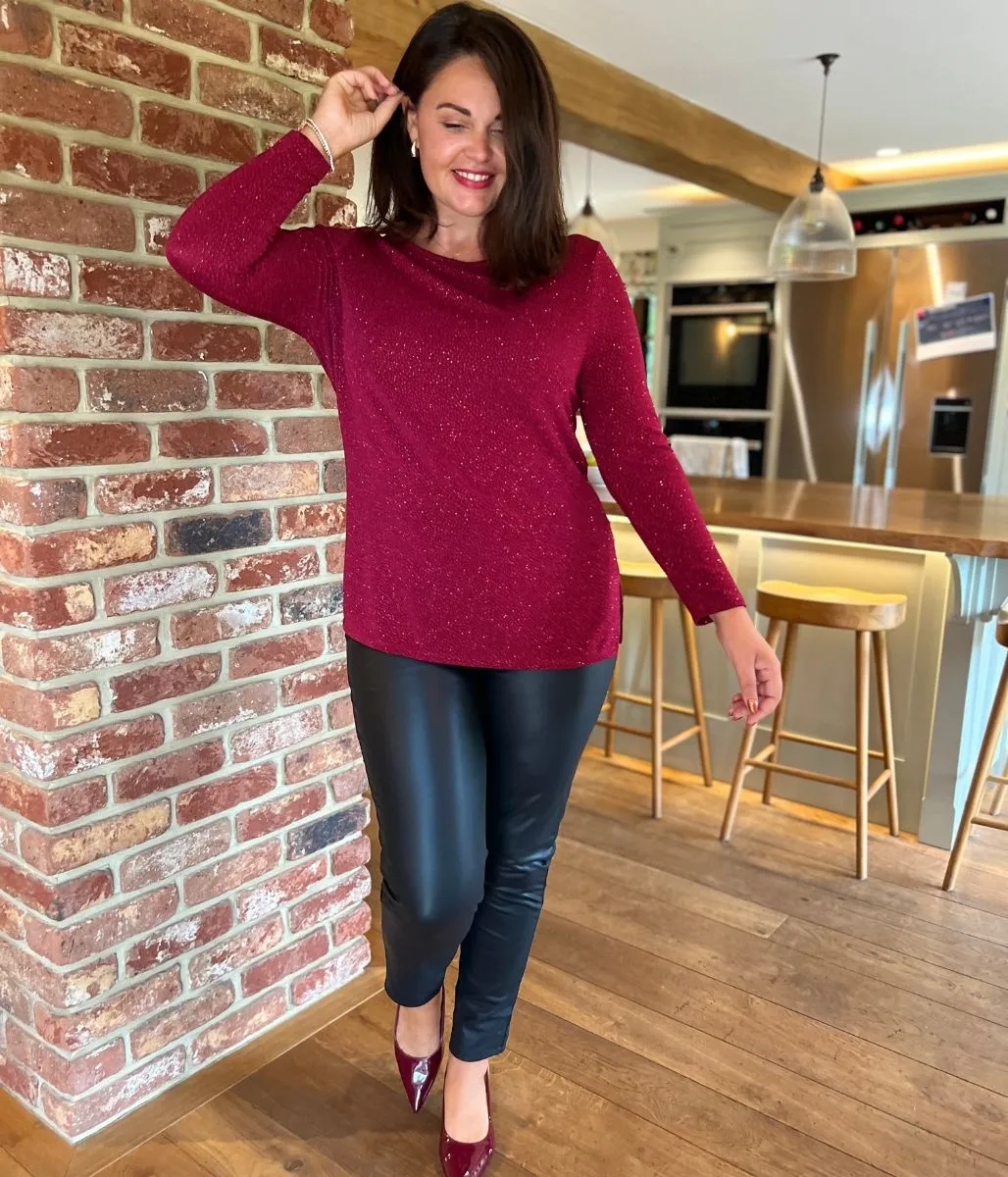 Red Sparkle Cowl Back Tunic Top sporty wear