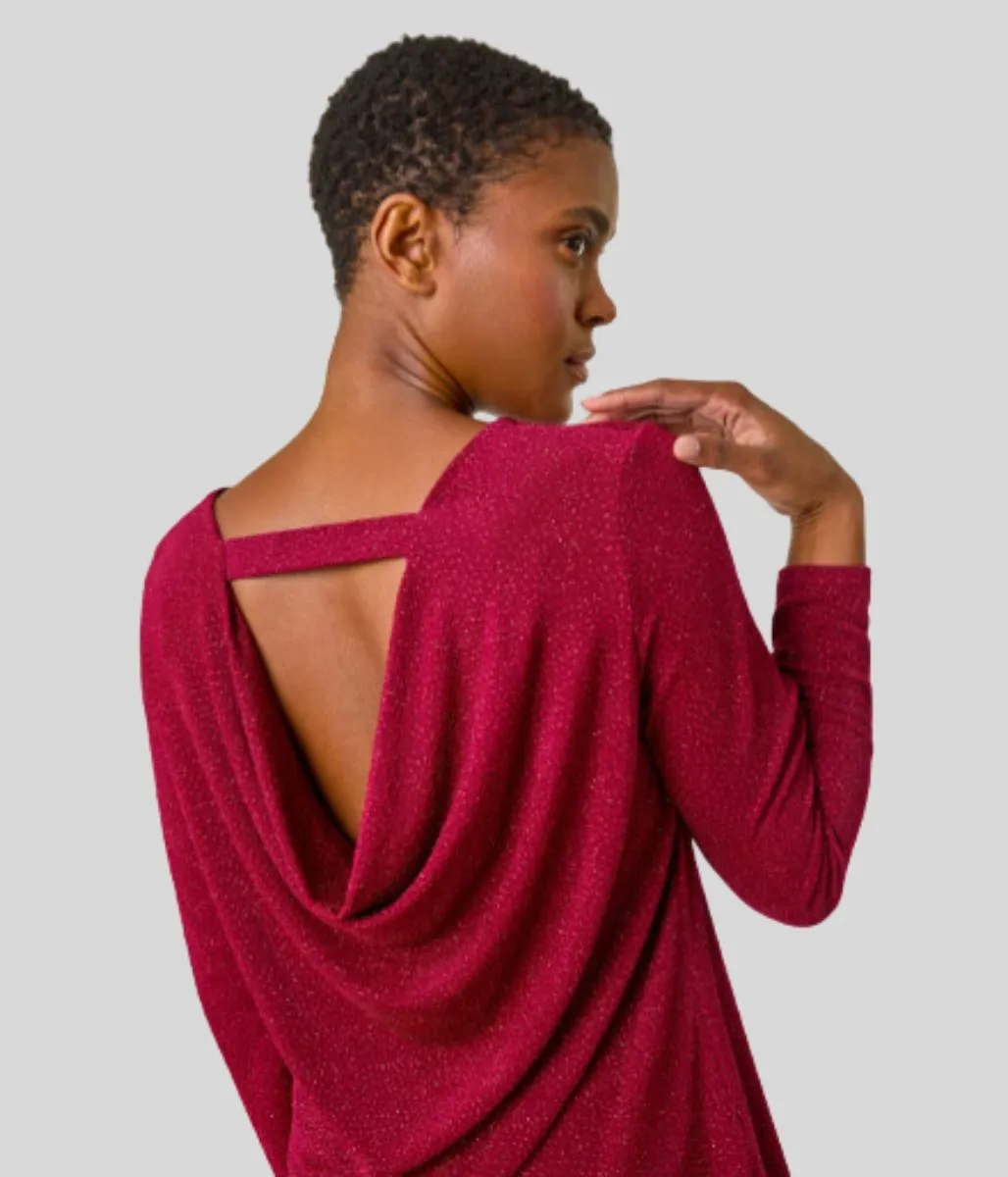 Non Slip Shoulder Seams AntiPill Texture Red Sparkle Cowl Back Tunic Top