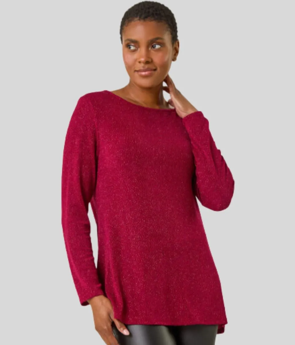 Red Sparkle Cowl Back Tunic Top Comfortable Wear Metallic Fiber Blend