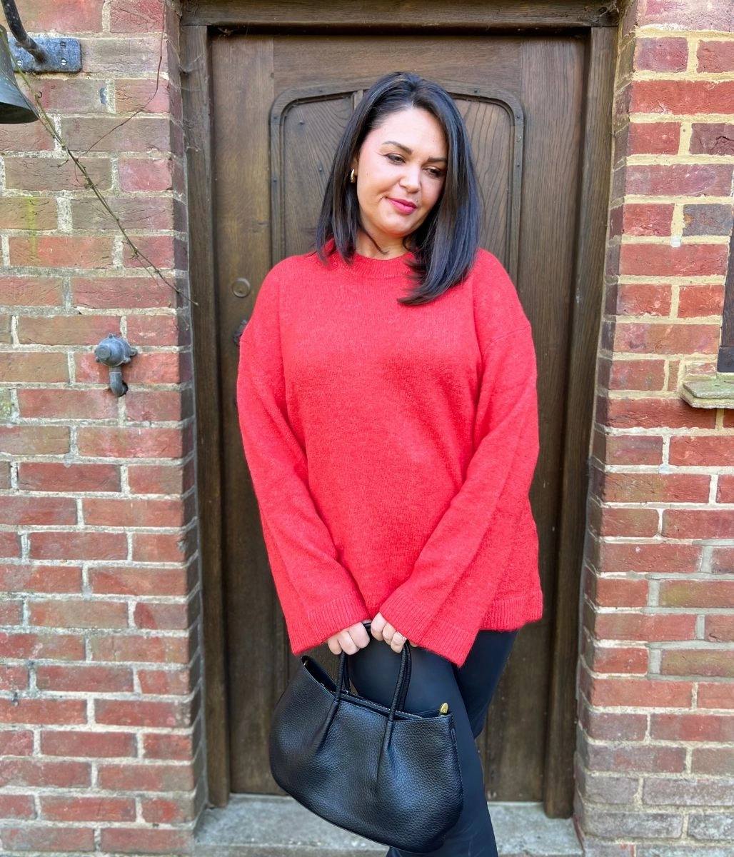 Garment Dyed Finish Cozy Knit Look Red Crew Neck Jumper